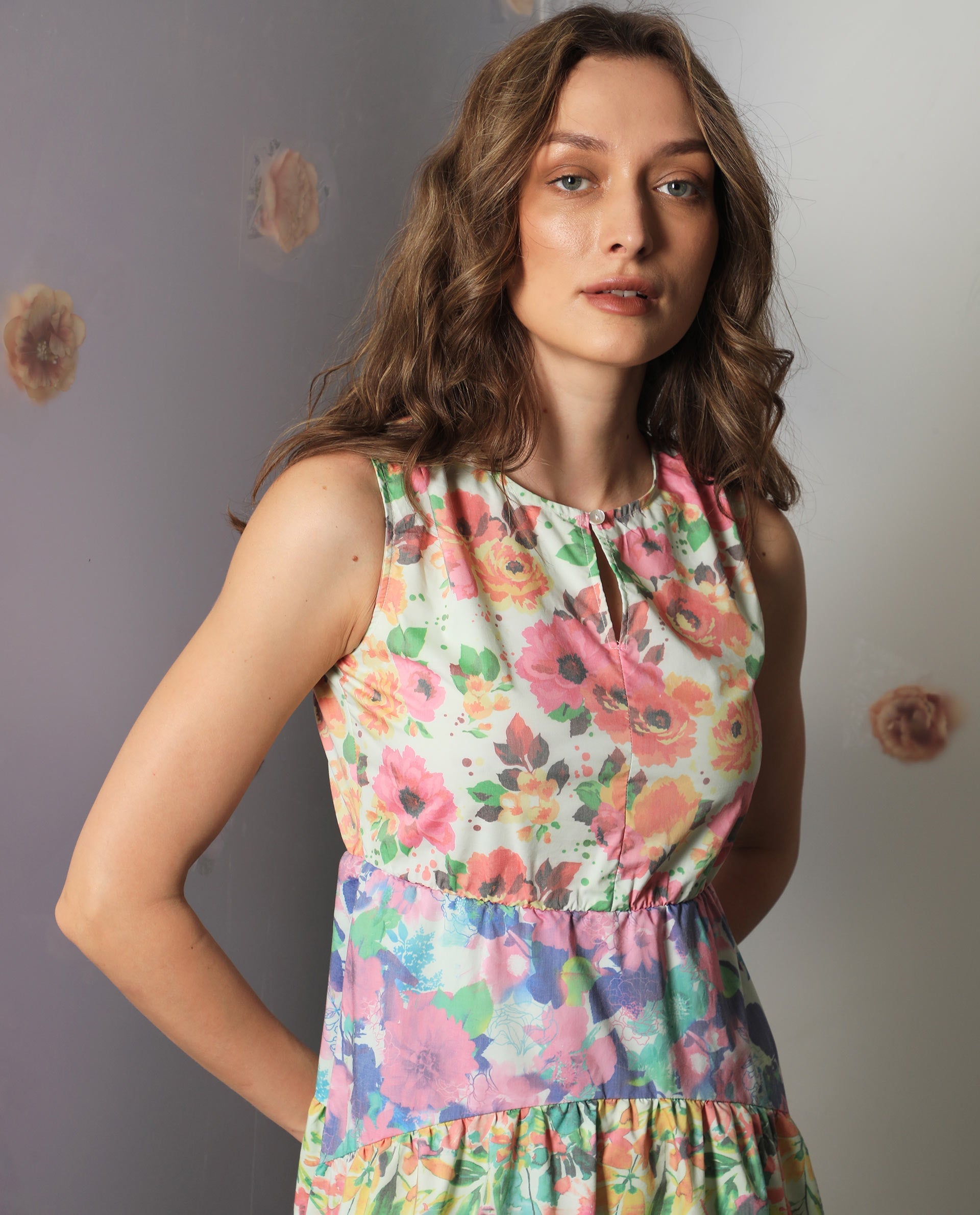 Rareism Women Carys Multi Polyester Fabric Sleeveless Key Hole Neck Regular Fit Floral Print Knee Length Tiered Dress