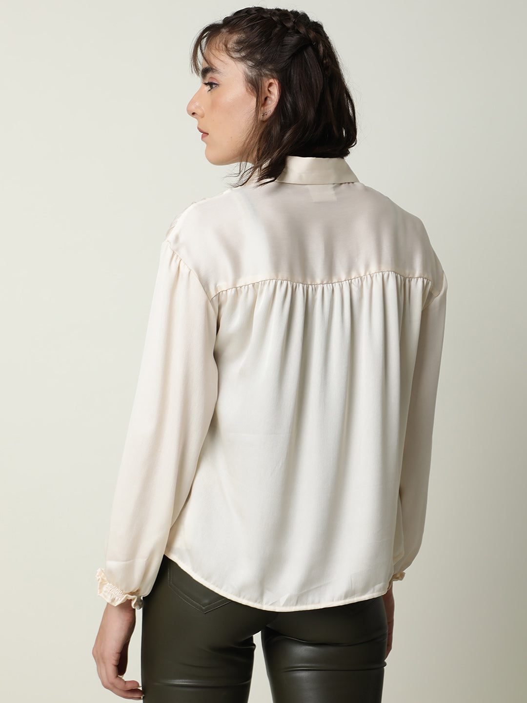 Rareism Women Paxo Off White Poly Cotton Fabric Regular Fit Tie-Up Neck Full Sleeves Solid Top