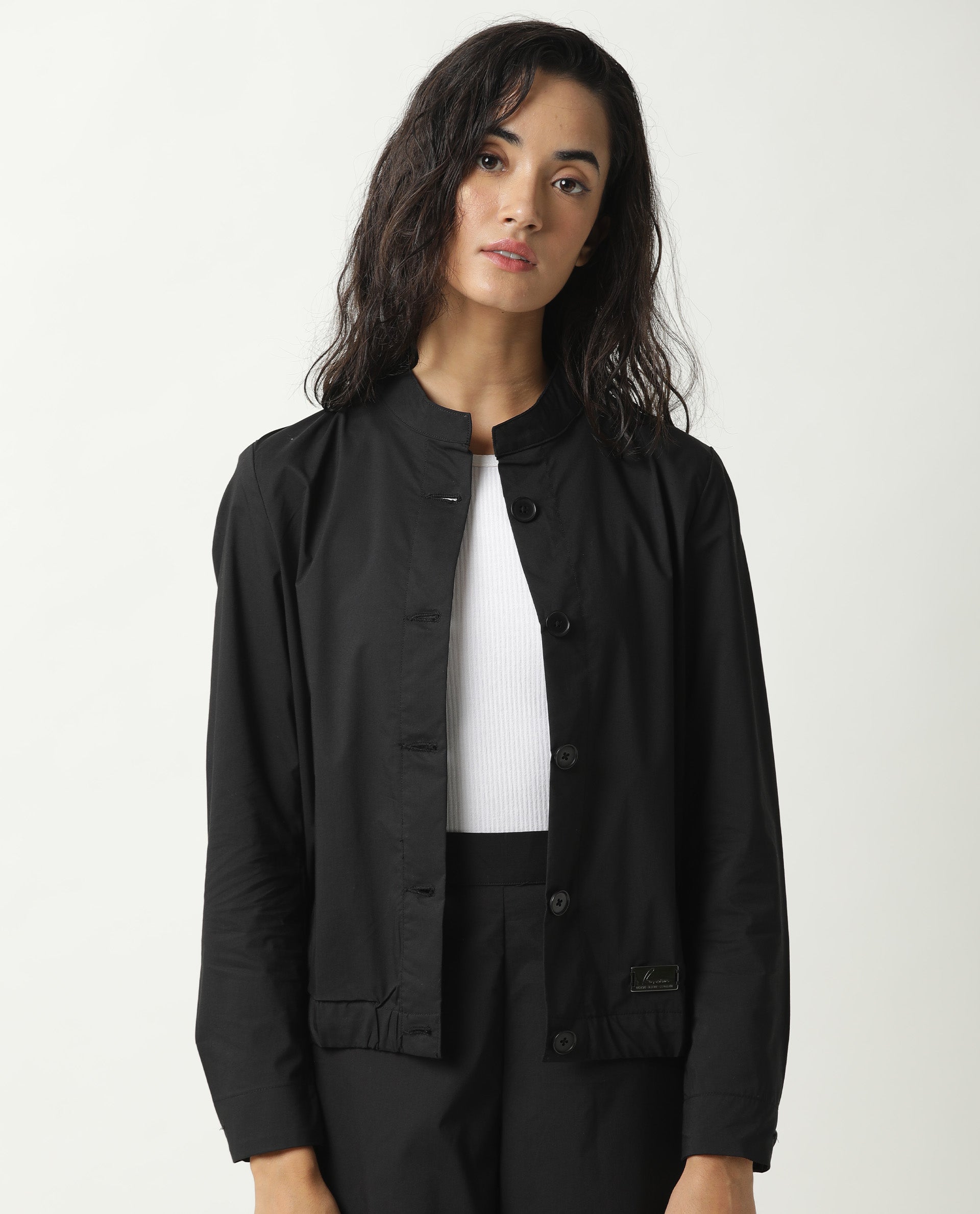 Rareism Women Aomori Black Poly Lycra Fabric Full Sleeves Solid Mandarin Collar Jacket