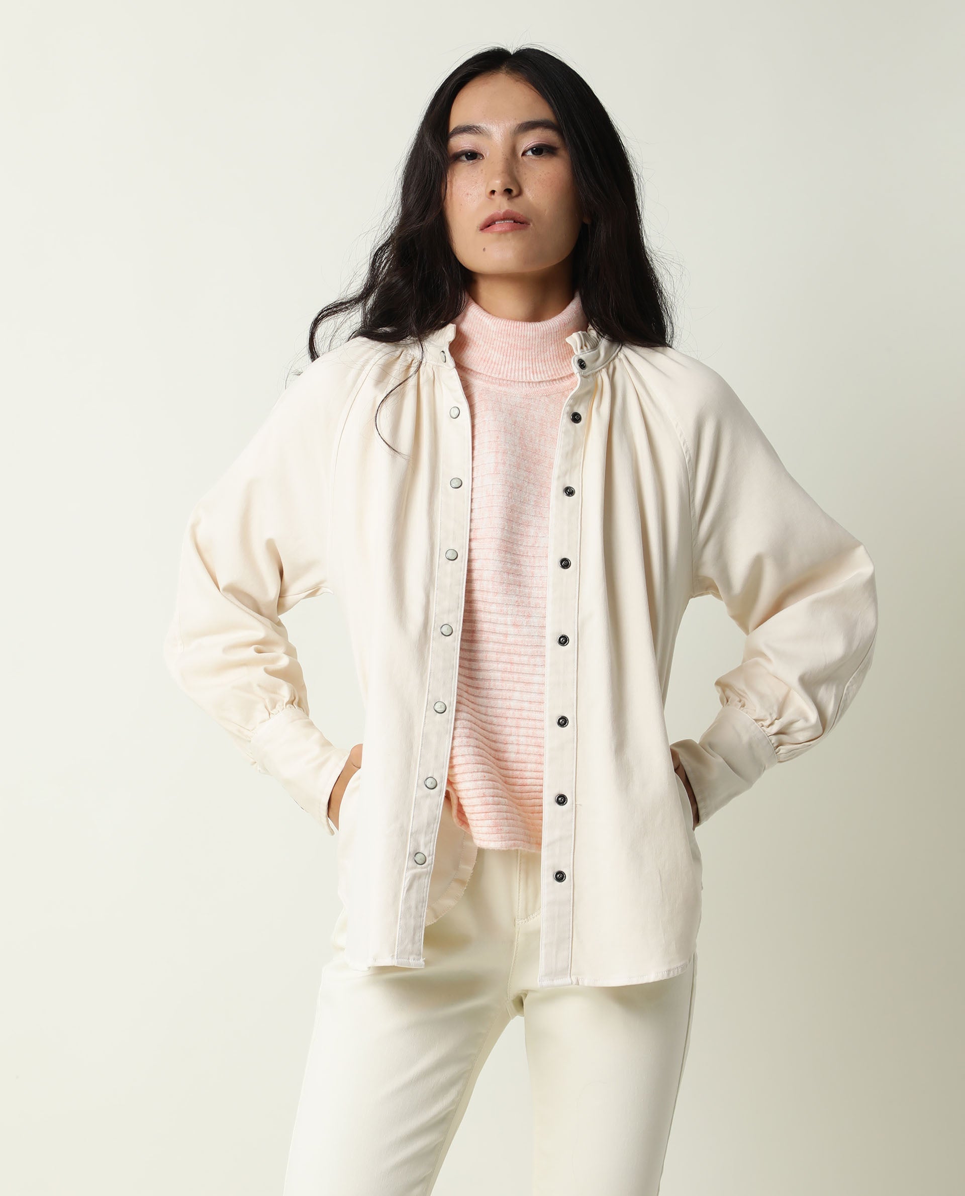 Rareism Women Bellona Off White Cotton Fabric Full Sleeves Solid Ruffled Neck Jacket