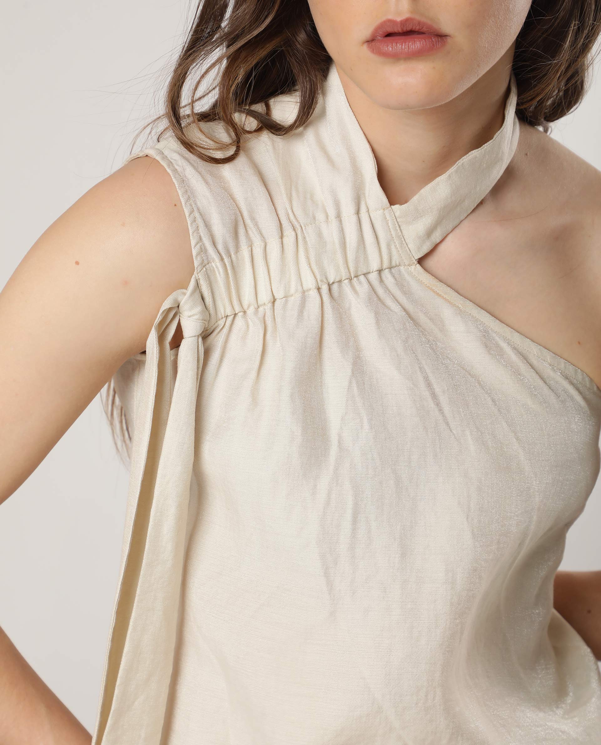 Rareism Women Urale Beige Rayon Nylon Fabric Slim Fit Halter Neck Off Shoulder Solid Top