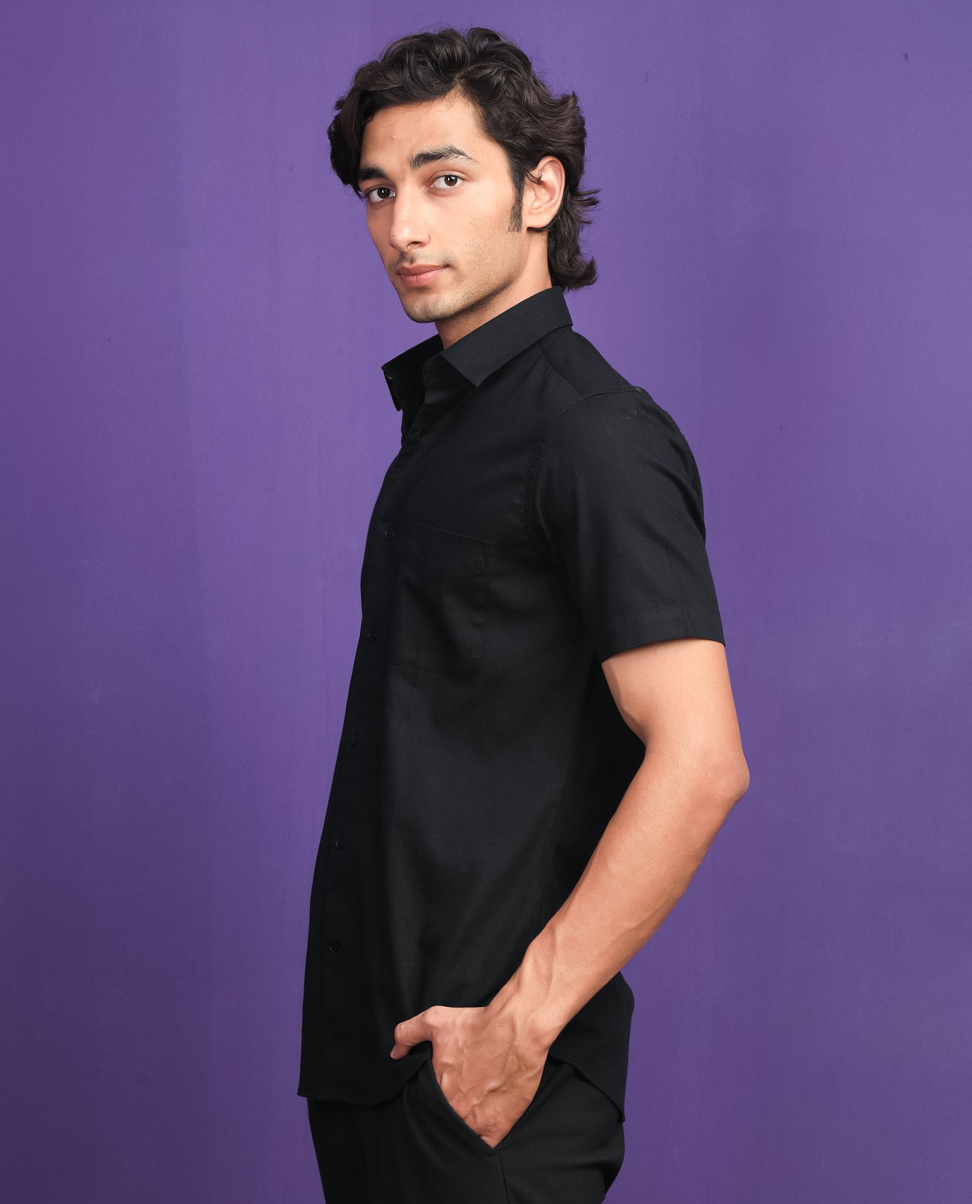 Rare Rabbit Men'S Darwin Black Shirt Cotton Fabric Short Sleeves Slim Fit