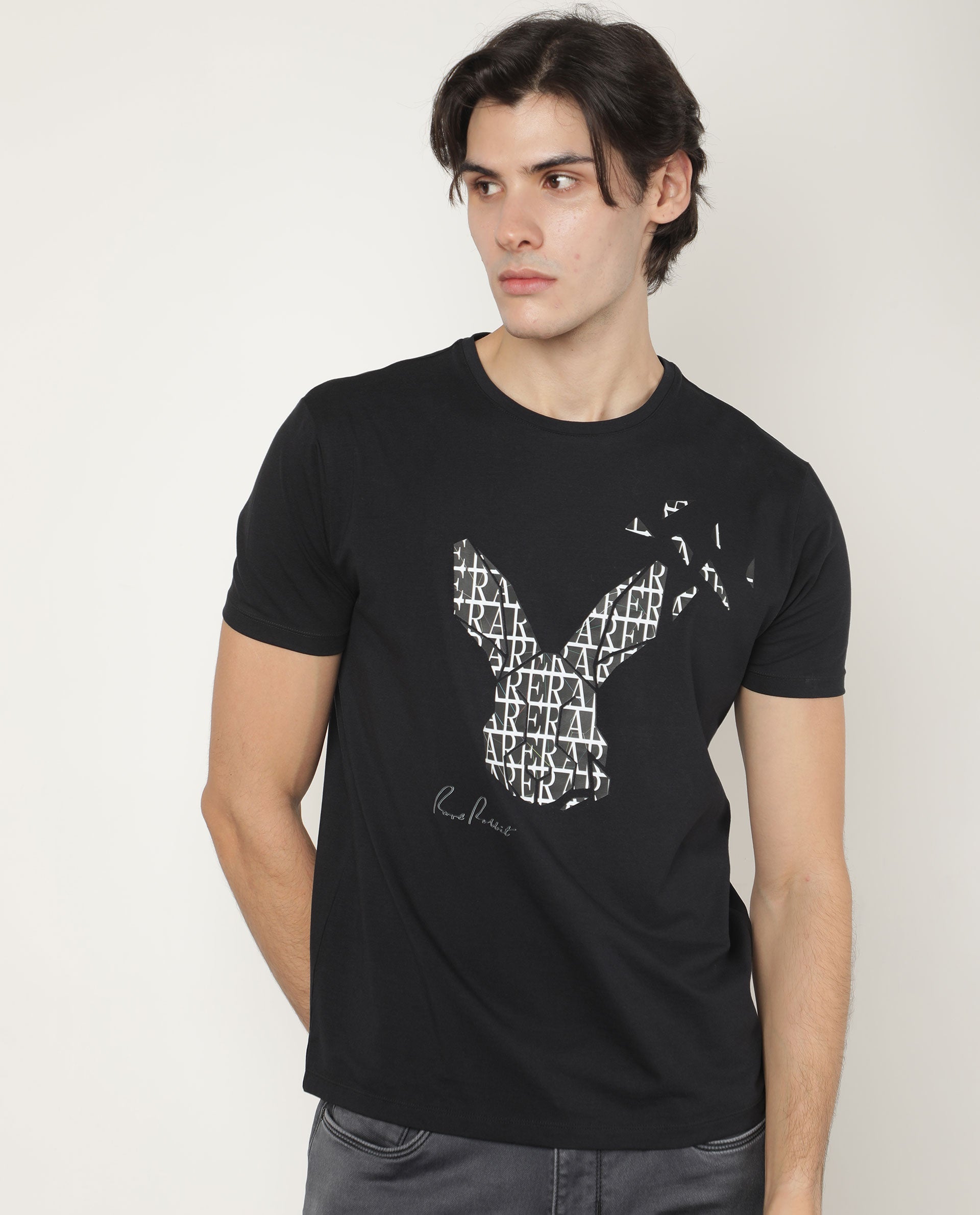 Rare Rabbit Men's Lassoo Grey Crew Neck Graphic Printed Half Sleeves Slim Fit T-Shirt