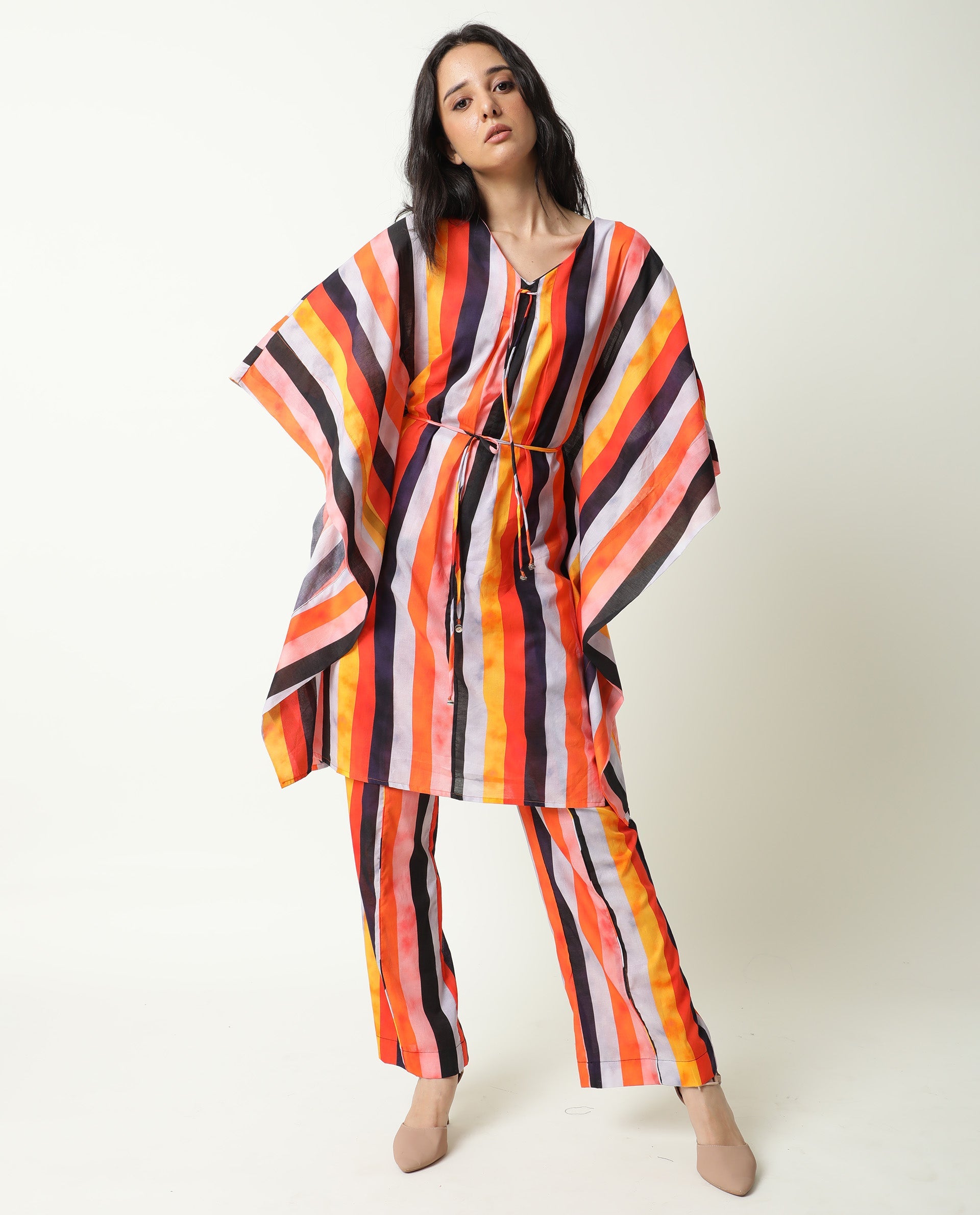 Rareism Women Fact Multi Abstract V Neck Tie Up At Neck And Waist Kaftan Knee Length Dress