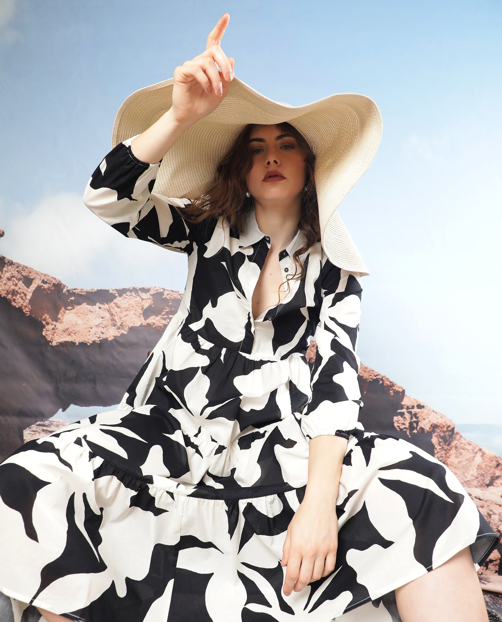 Rareism Women Susan Black Dress Cotton Fabric Print