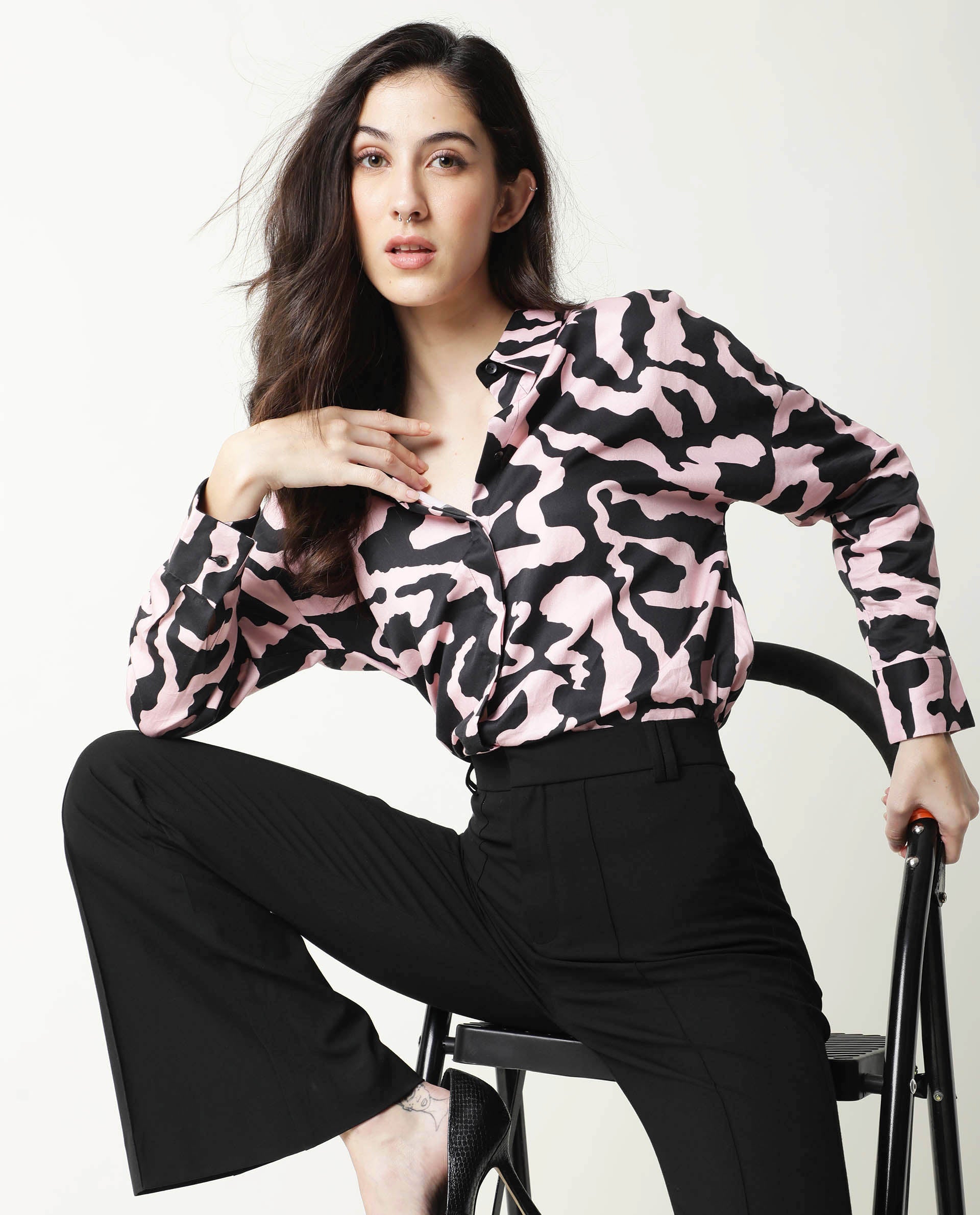 Rareism Women Revolt Black Cotton Linen Fabric Regular Fit Collarless Full Sleeves Abstract Print Top