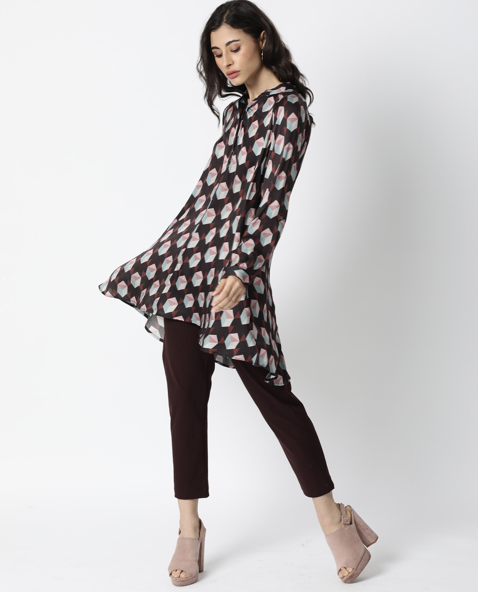 Rareism Women Engine Brown Dress Full Sleeves Printed
