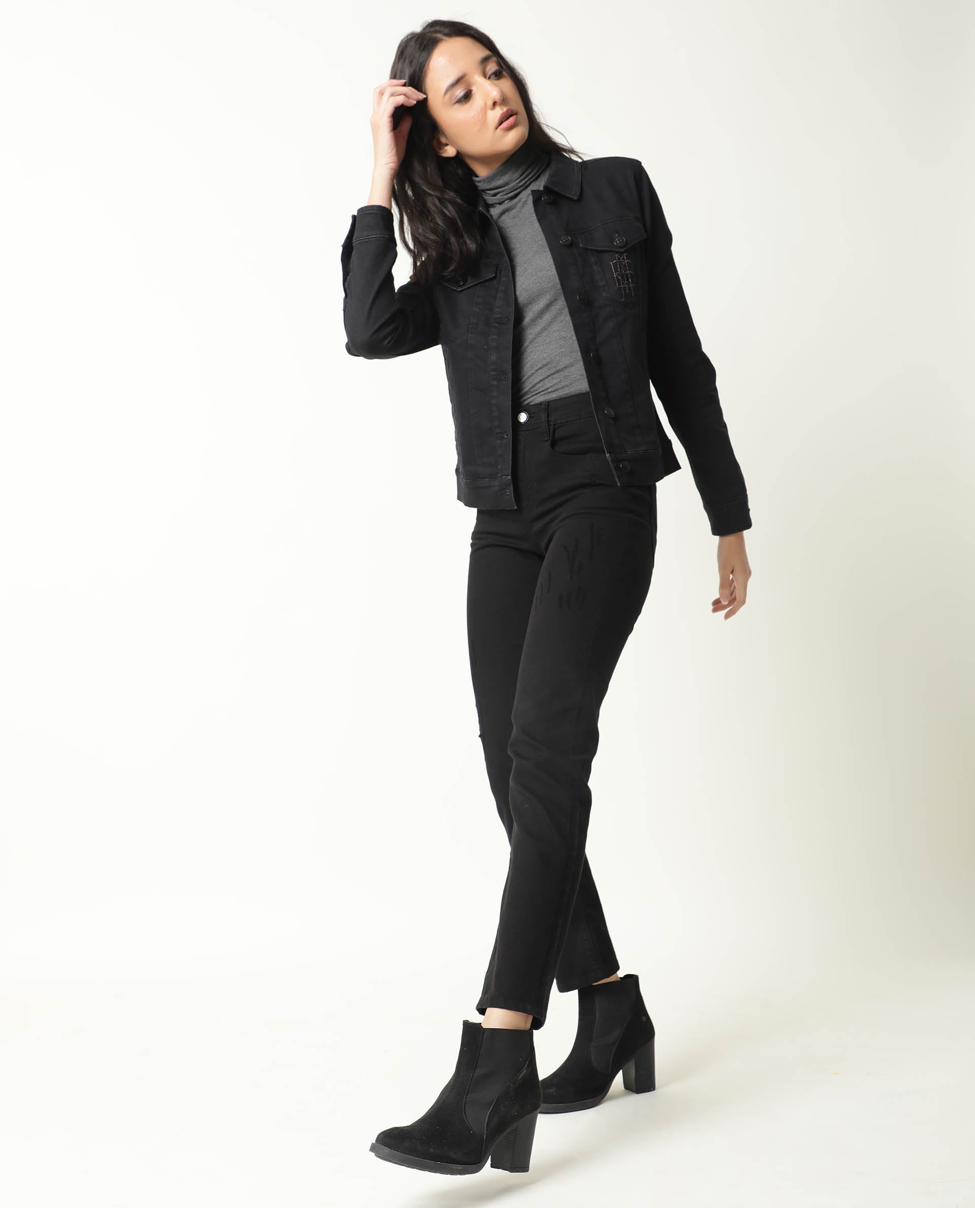Rareism Women Misso Black Cotton Lycra Fabric Full Sleeves Solid Shirt Collar Jacket