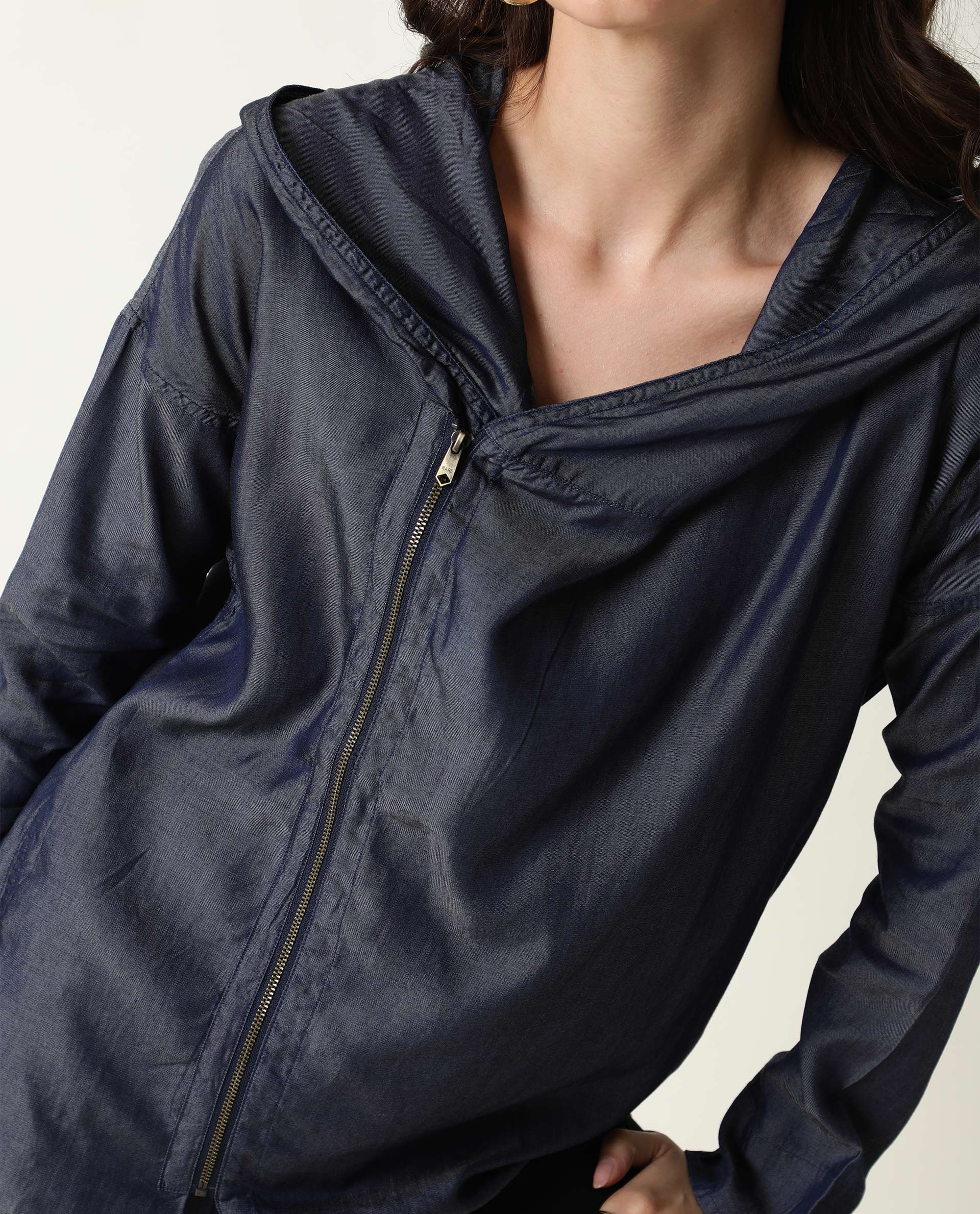 Rareism Womens Hemp Bark Blue Hoodie Zipper Closure