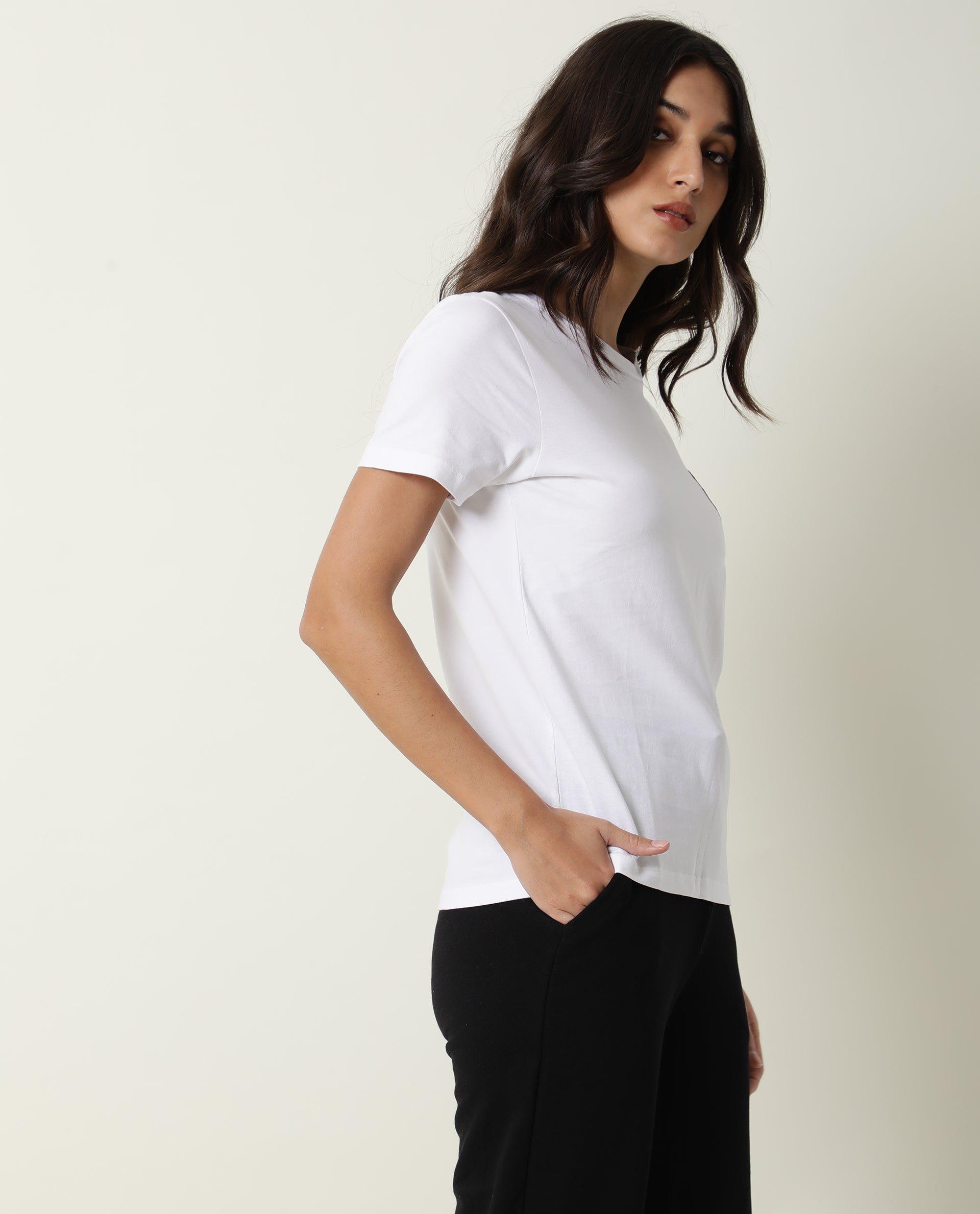 Rareism Women Fuji Off White Cotton Fabric Regular Fit Half Sleeves Graphic Print Crew Neck T-Shirt