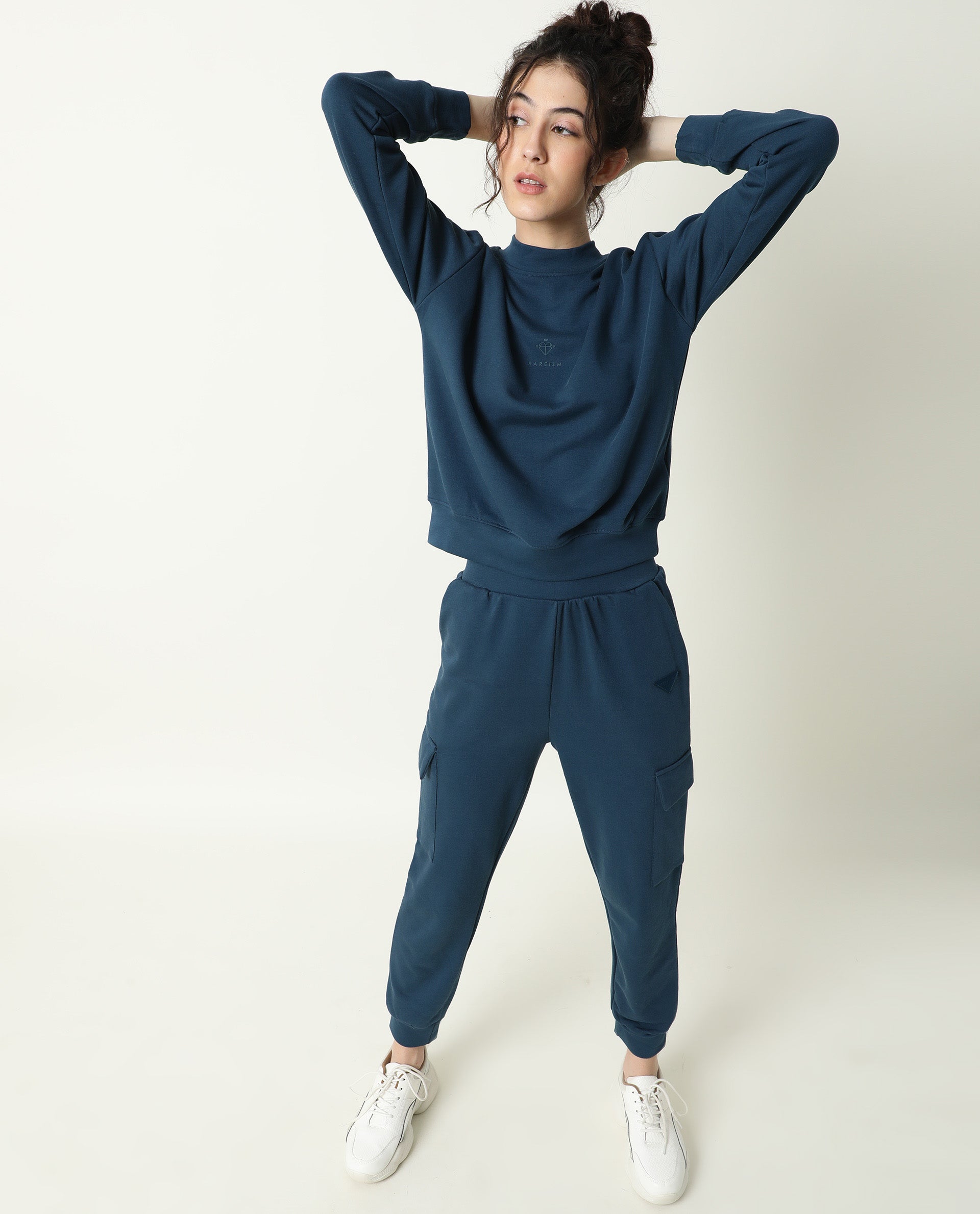 Rareism Women Necker Petrol Relaxed Fit Full Sleeves Solid High Neck Sweatshirt