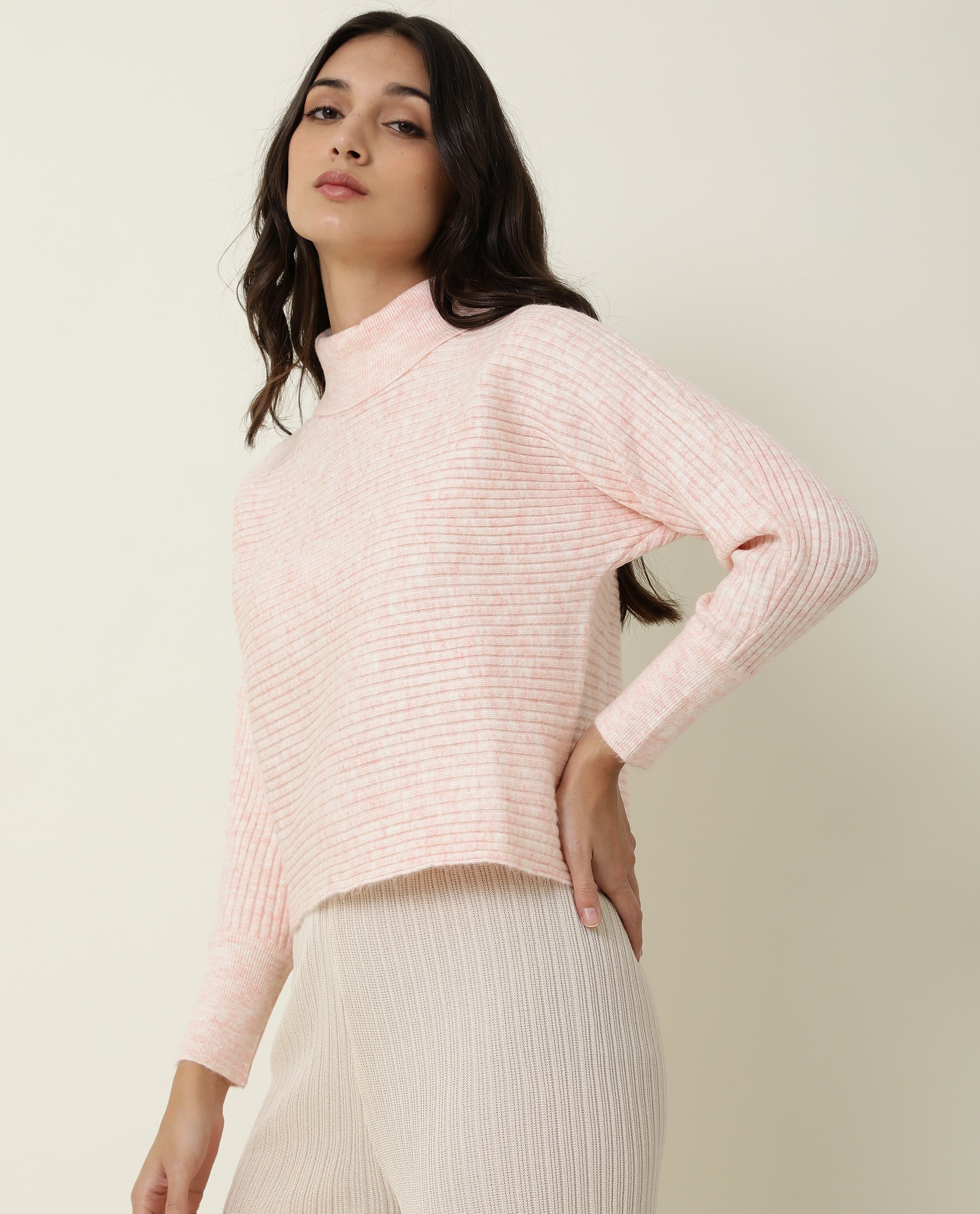 Rareism Women Levour Melange Pink Acrylic Fabric Full Sleeves Relaxed Fit Solid Turtle Neck Sweater