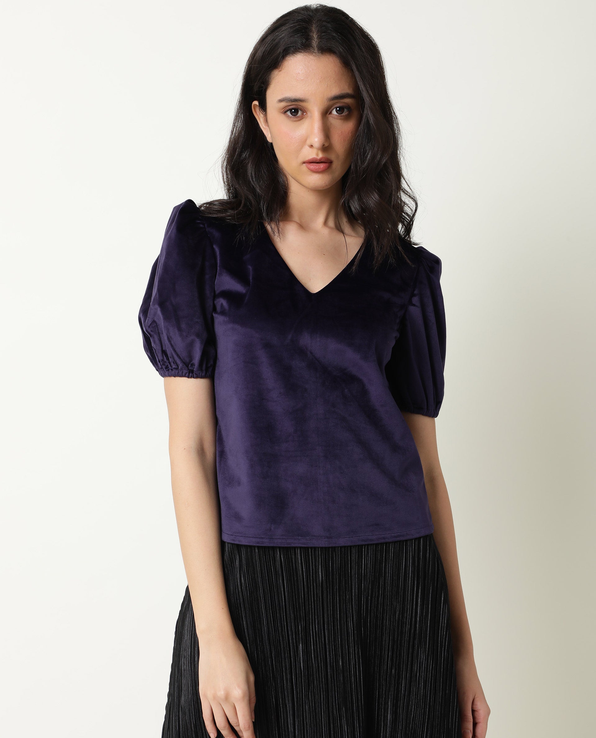 Rareism Womens Mun Navy Top Suede Fabric Half Sleeve V Neck