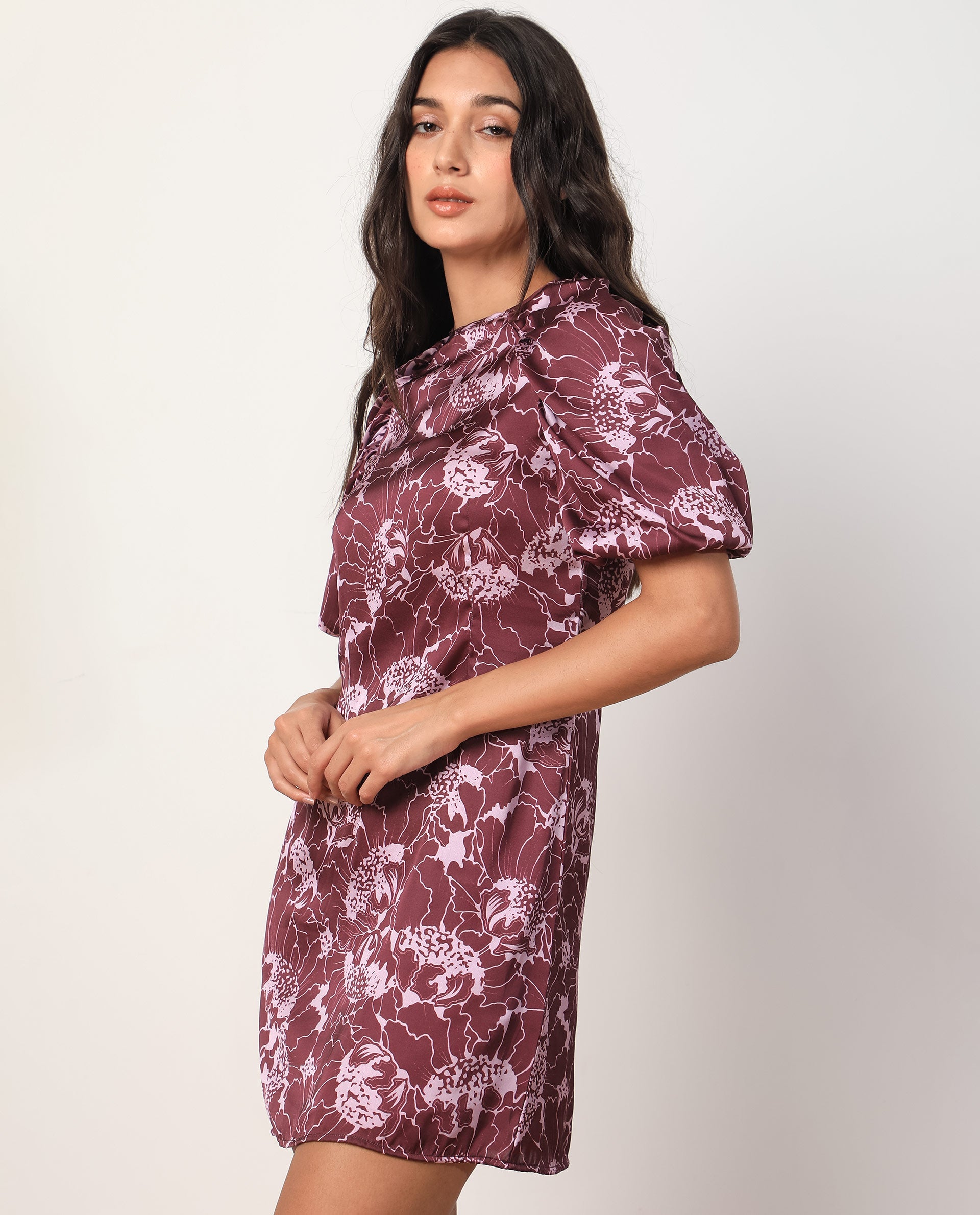 Rareism Women Christie Dark Maroon Polyester Fabric Short Sleeves Zip Closure Round Neck Puff Sleeve Slim Fit Floral Print Short Asymmetric Dress