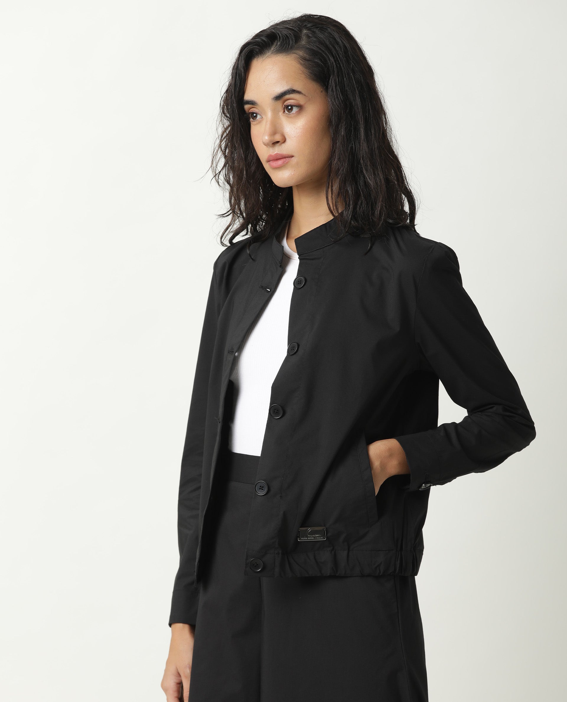 Rareism Women Aomori Black Poly Lycra Fabric Full Sleeves Solid Mandarin Collar Jacket