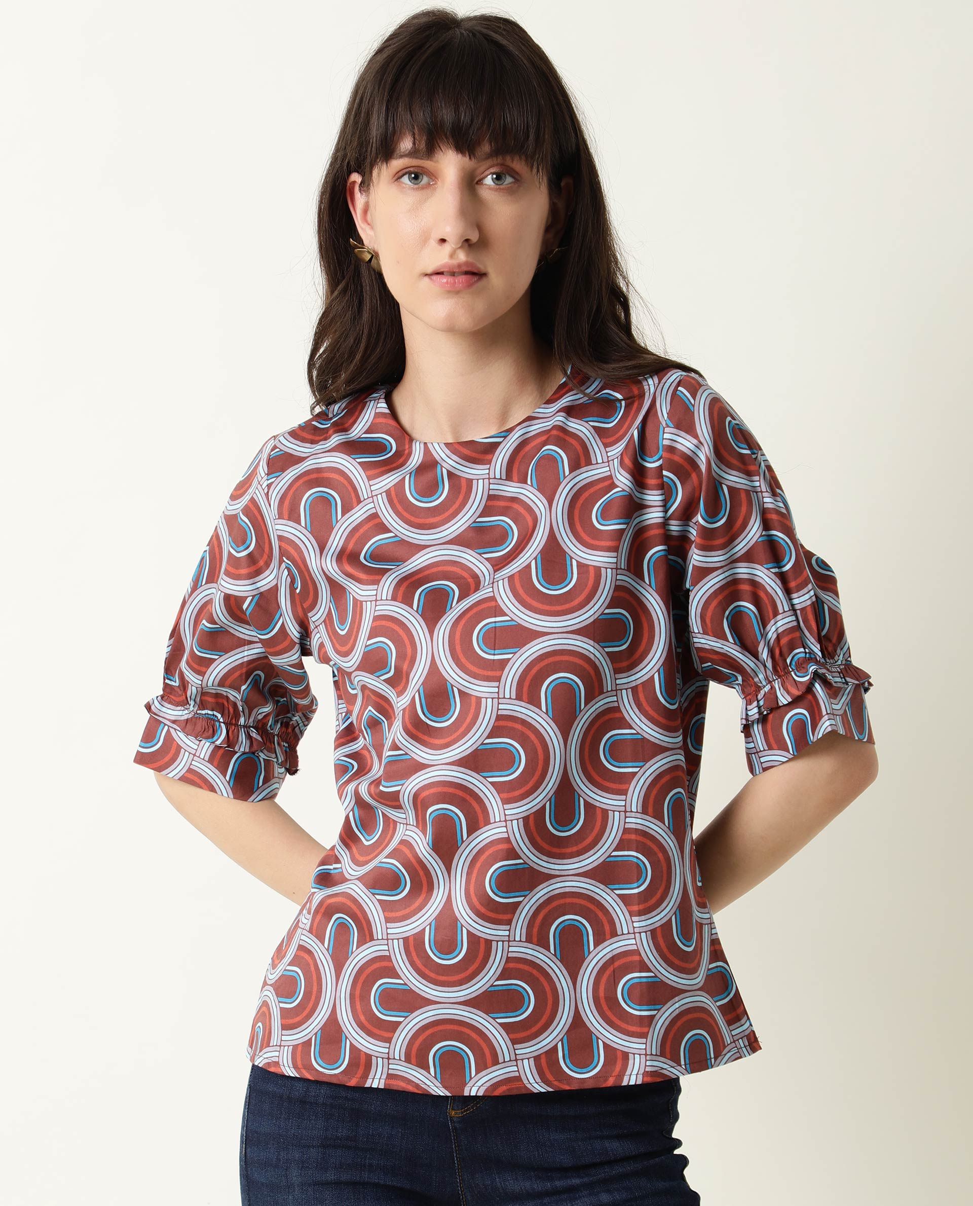 Rareism Women Jimmi Brown Cotton Fabric Regular Fit Round Neck Half Sleeves Print Top