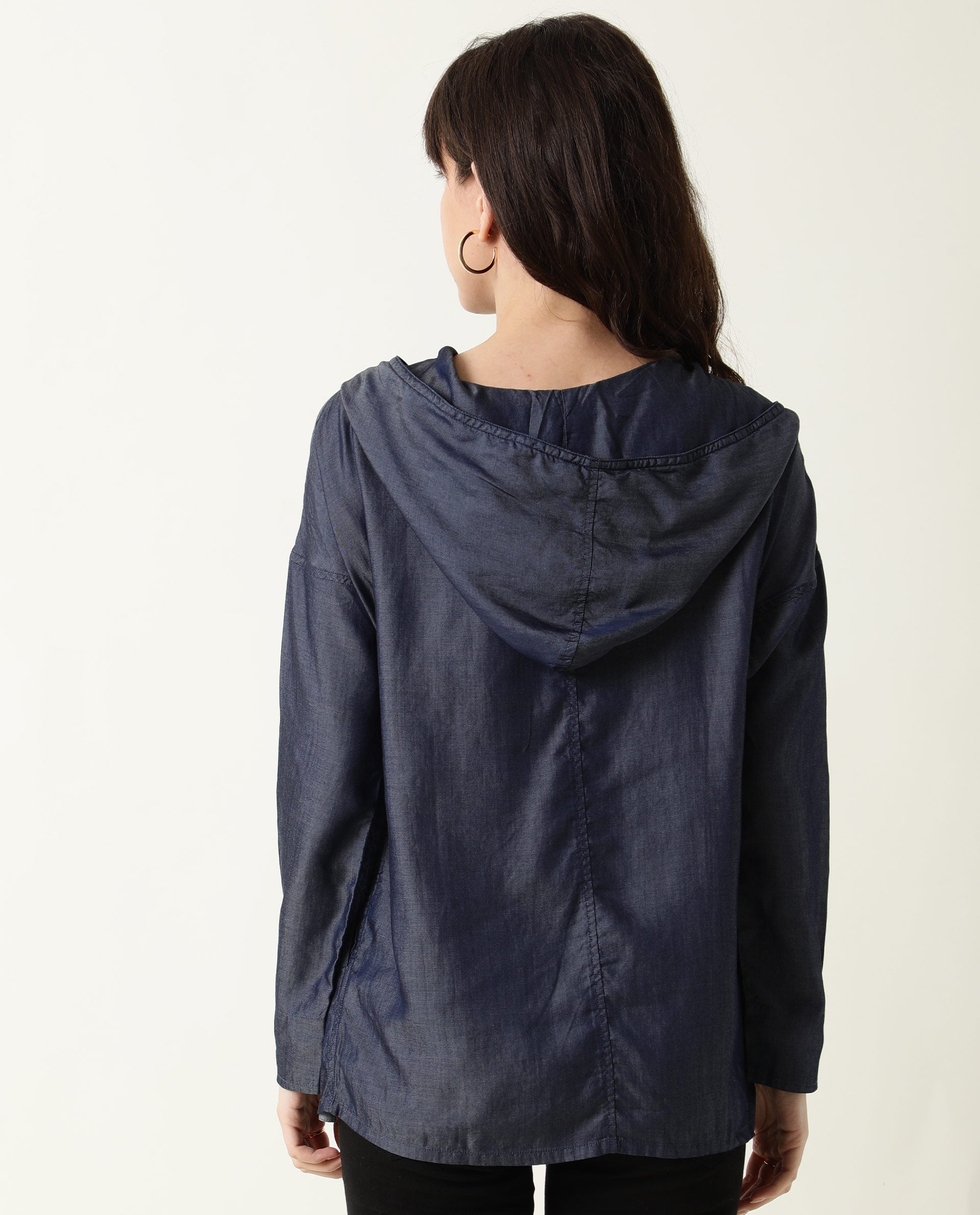 Rareism Womens Hemp Bark Blue Hoodie Zipper Closure