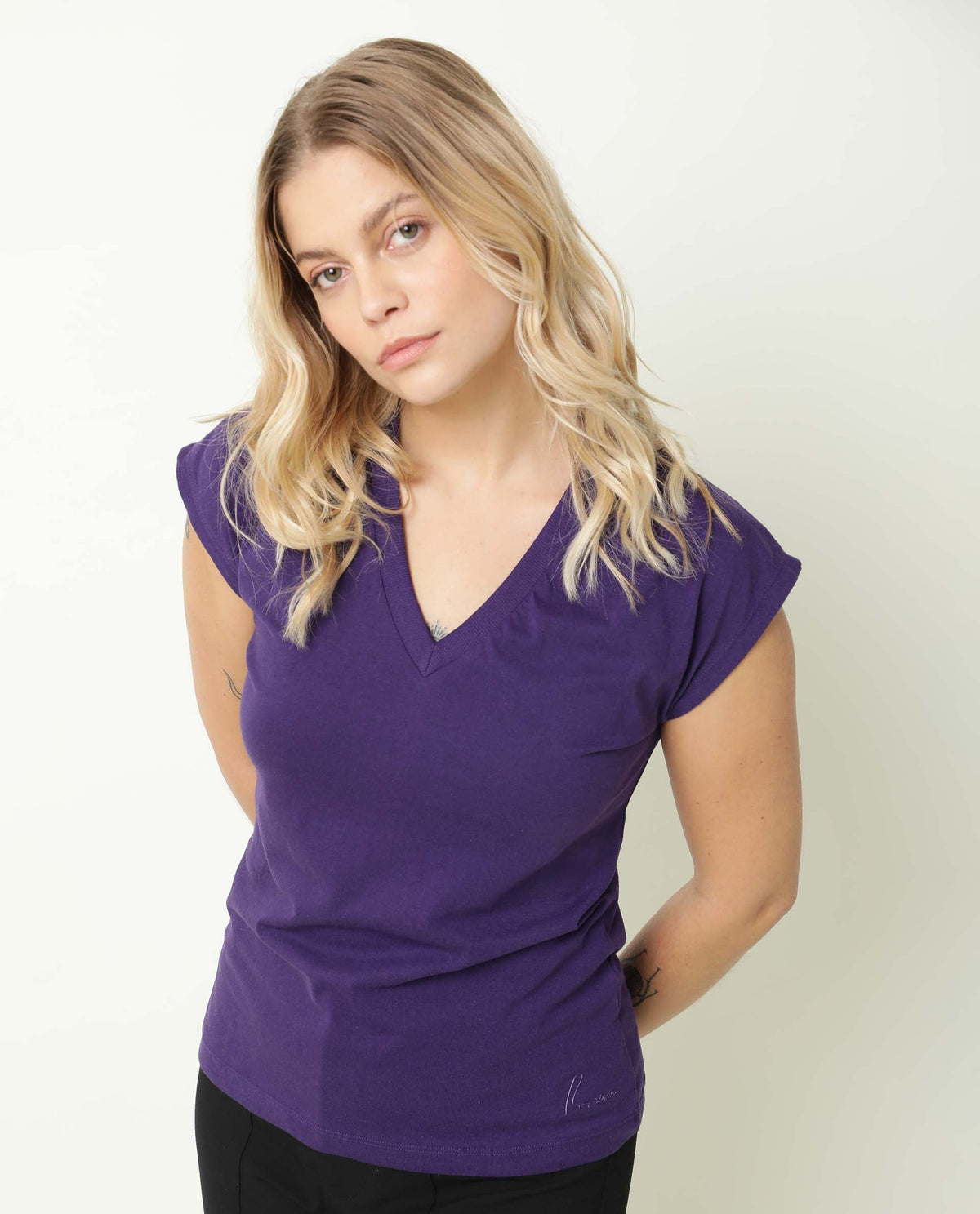 Rareism Women Debra Purple Cotton Fabric Regular Fit Half Sleeves Solid Crew Neck T-Shirt