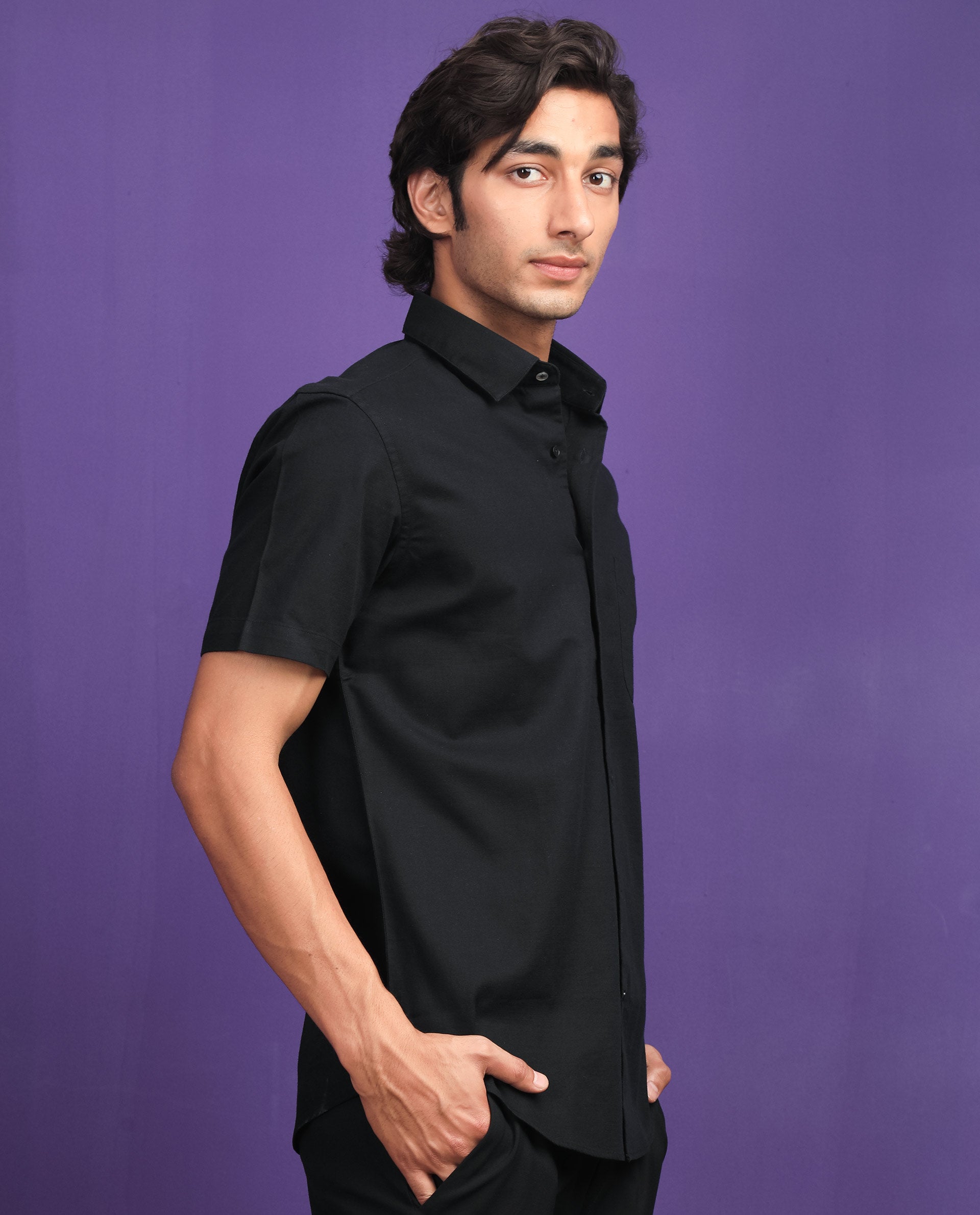 Rare Rabbit Men'S Darwin Black Shirt Cotton Fabric Short Sleeves Slim Fit