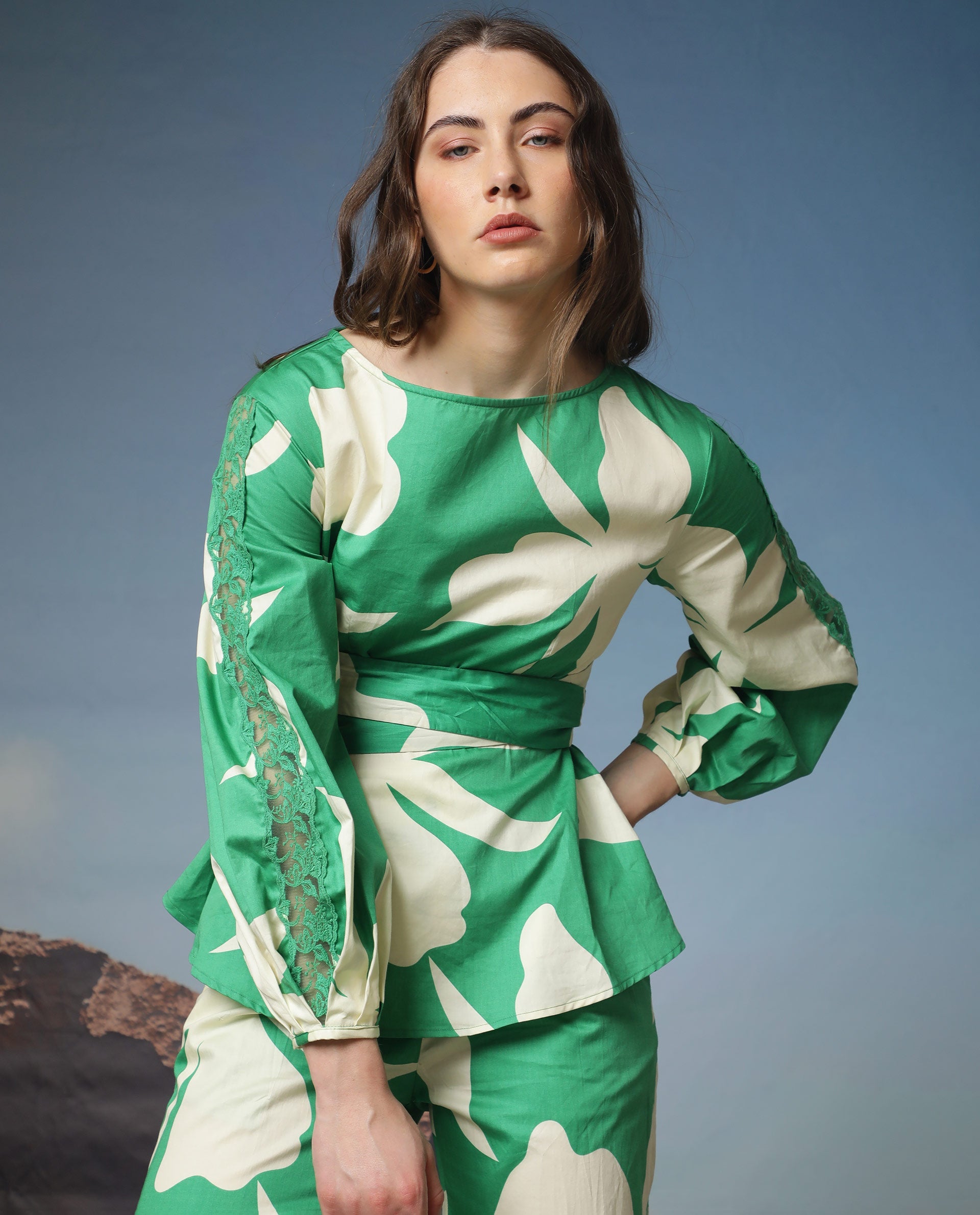 Rareism Women Sloane Green Top Cotton Fabric Full Sleeves Print