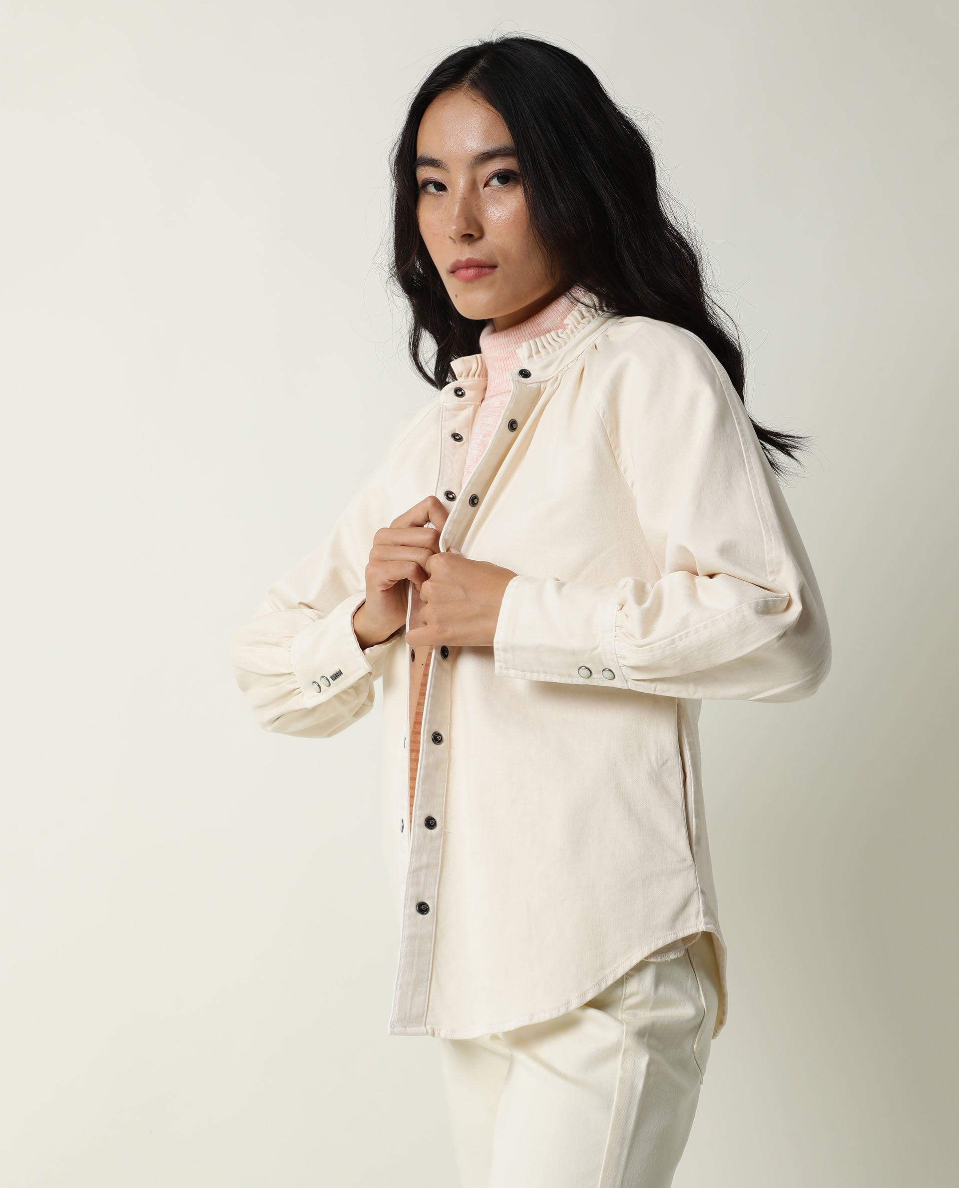Rareism Women Bellona Off White Cotton Fabric Full Sleeves Solid Ruffled Neck Jacket