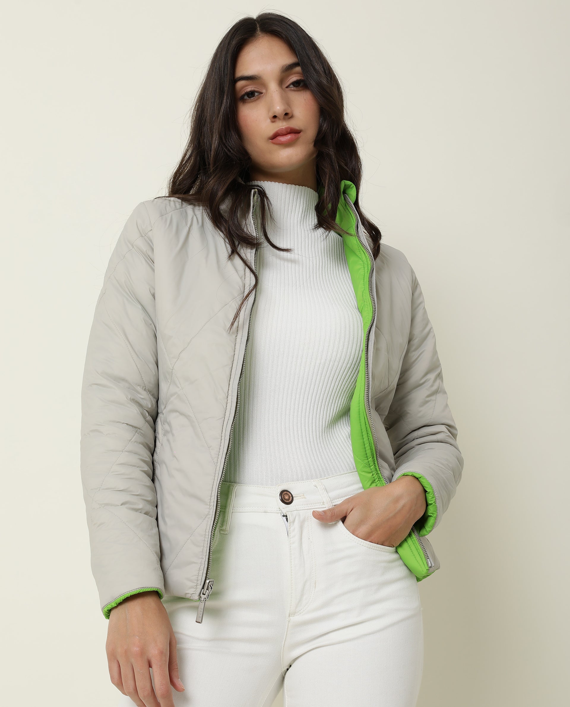 Rareism Women Cora Light Green Polyester Fabric Full Sleeves Solid High Neck Jacket