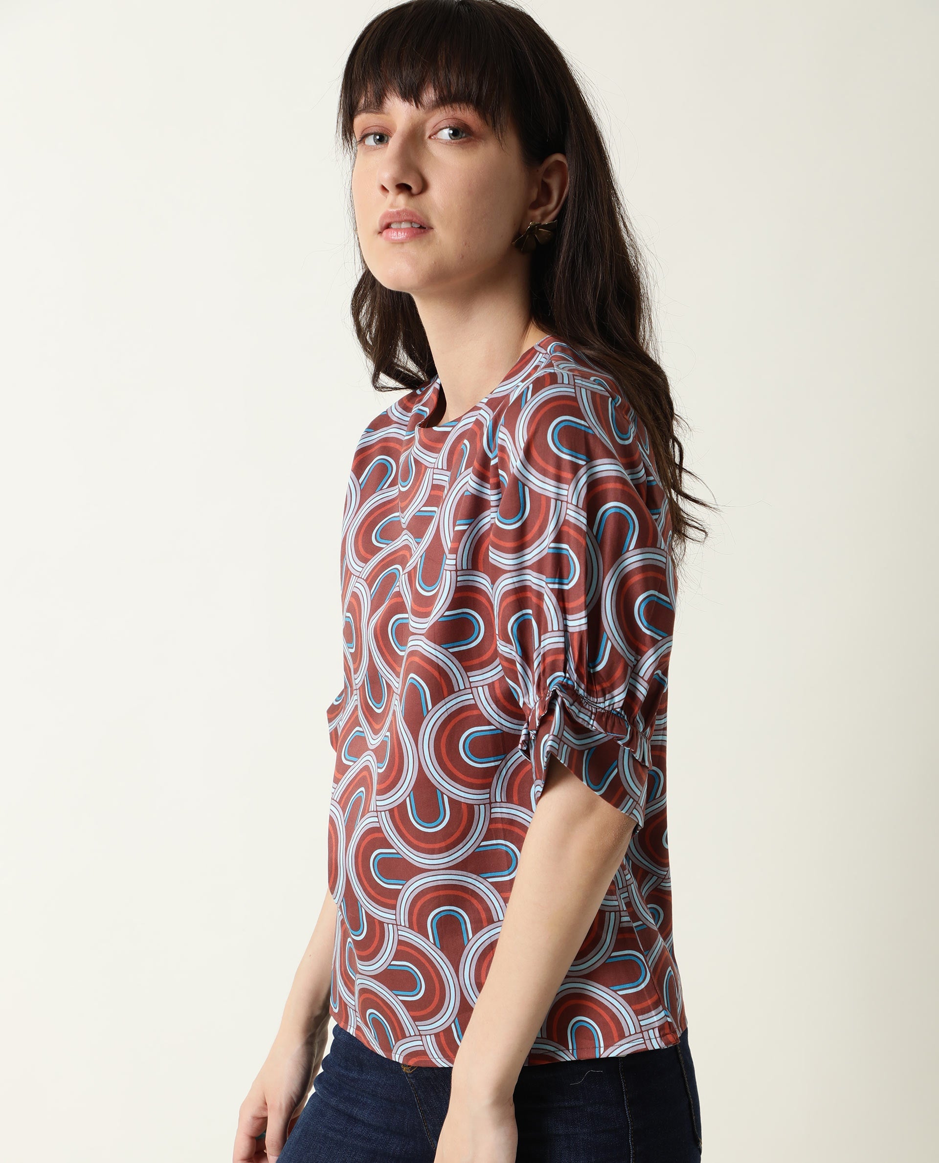 Rareism Women Jimmi Brown Cotton Fabric Regular Fit Round Neck Half Sleeves Print Top