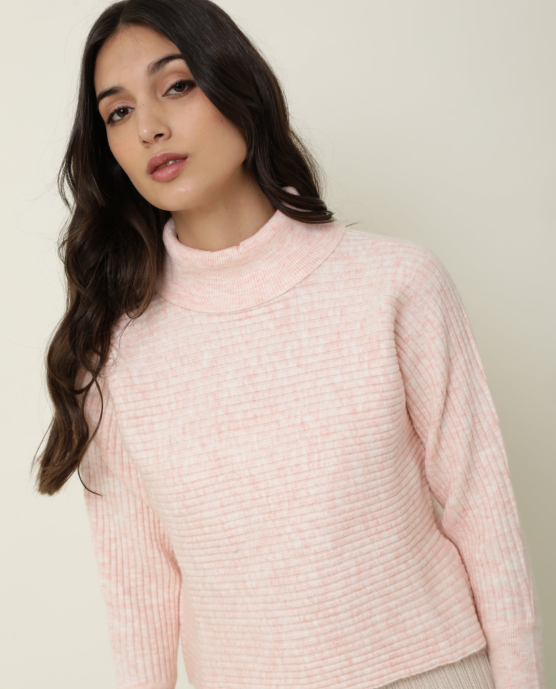 Rareism Women Levour Melange Pink Acrylic Fabric Full Sleeves Relaxed Fit Solid Turtle Neck Sweater