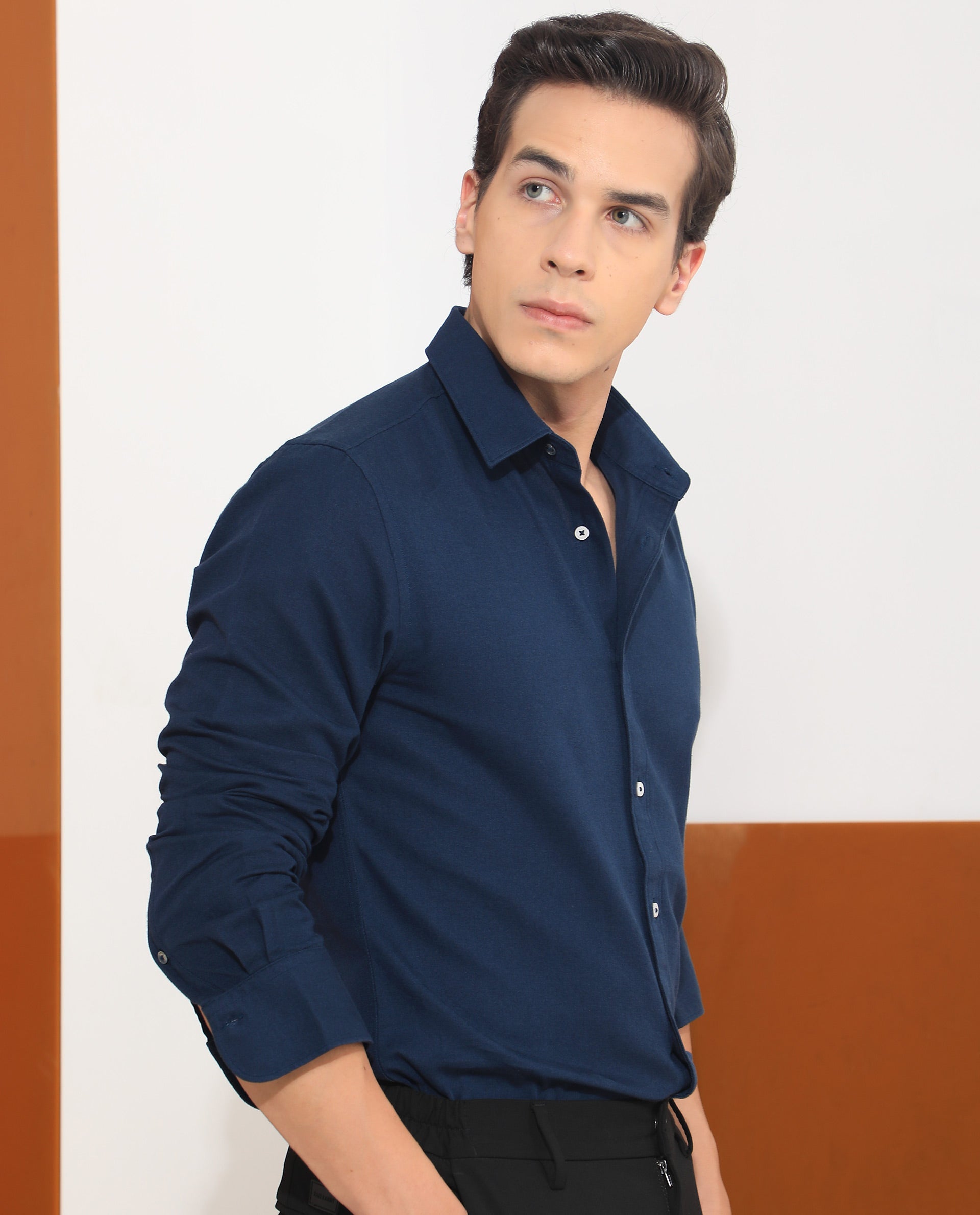 Rare Rabbit Mens Otago Navy Cotton Fabric Full Sleeves Regular Fit Solid Twill Shirt