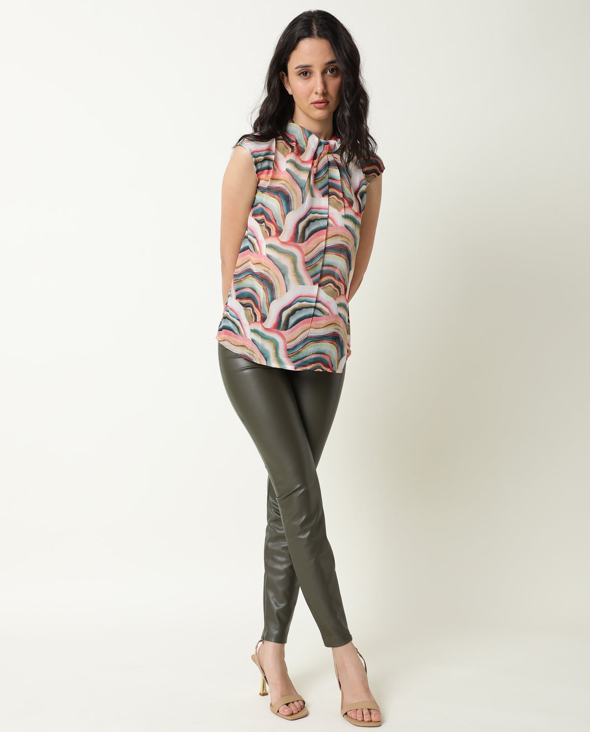 Rareism Women Colette Multi Polyester Fabric Regular Fit High Neck Sleeveless Abstract Print Top