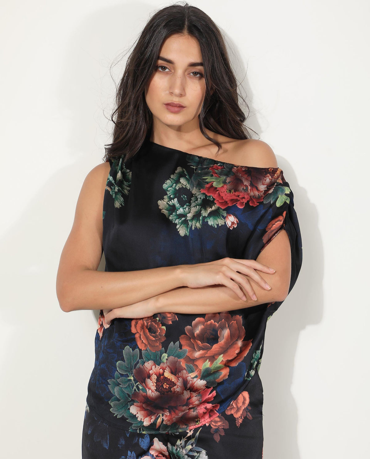 Rareism Women Florent Black Polyester Fabric Off Shoulder Sleeveless Regular Fit Floral Print Top