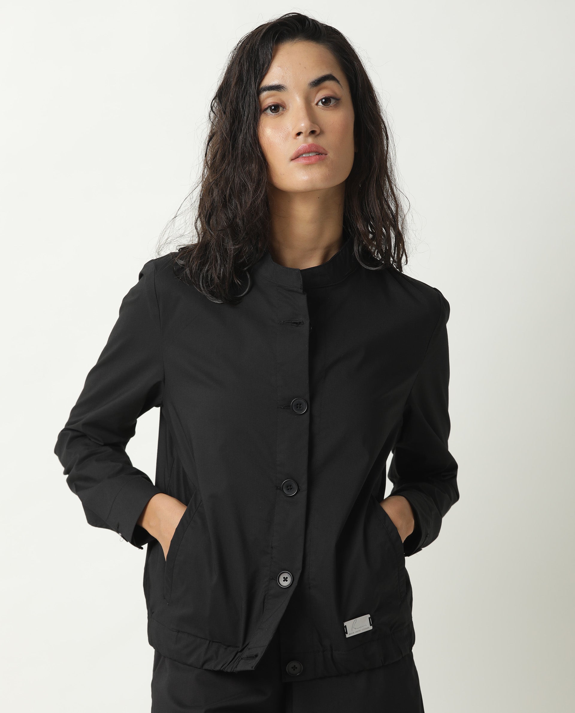 Rareism Women Aomori Black Poly Lycra Fabric Full Sleeves Solid Mandarin Collar Jacket