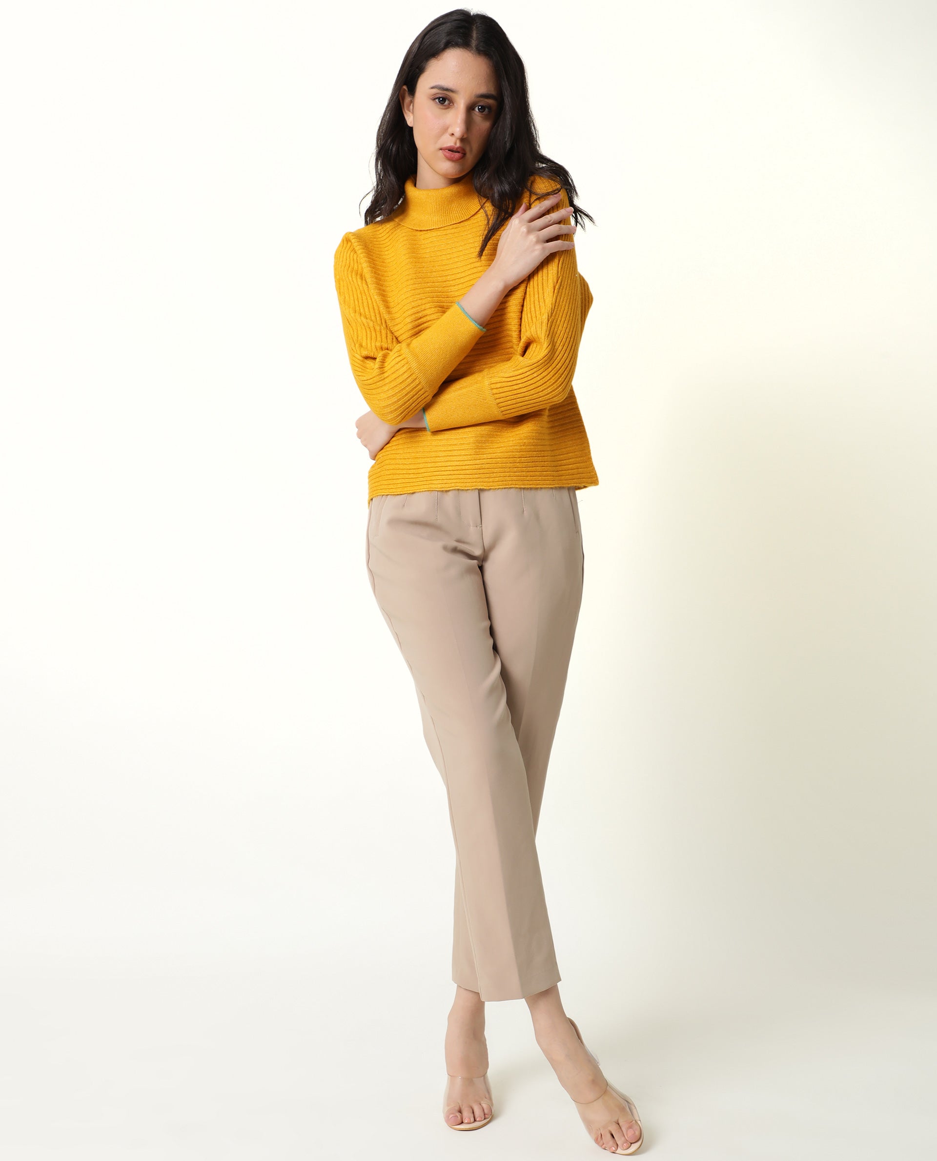 Rareism Women Levour Mustard Acrylic Fabric Full Sleeves Relaxed Fit Solid Turtle Neck Sweater