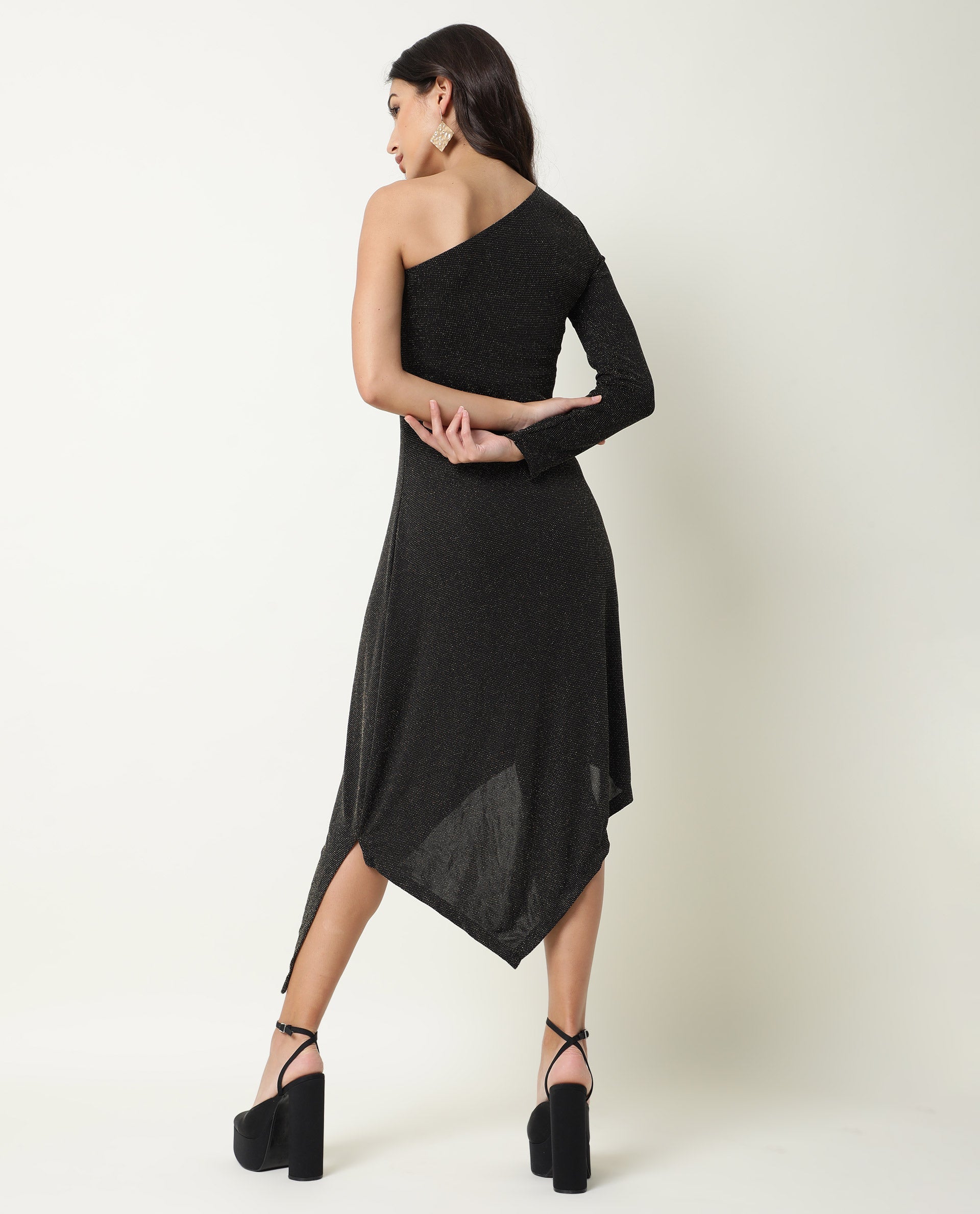 Rareism Women Lelani Black One Shoulder Full Sleeve Asymmetric Knee Length Dress