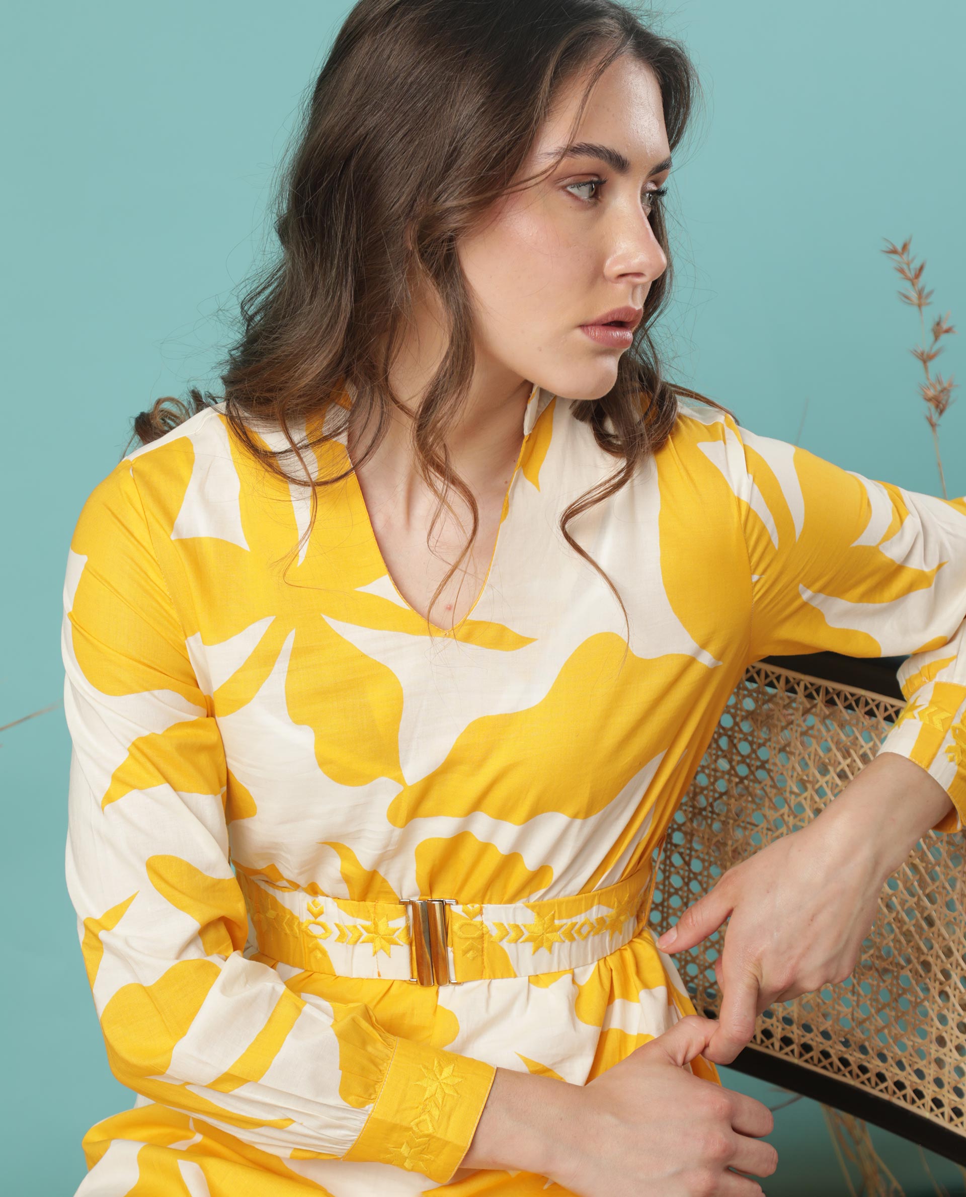 Rareism Women Eliott White Floral Print Mandarin Collar V Neck Full Sleeves With Cuff And Fabric Waist Belt Midi Dress