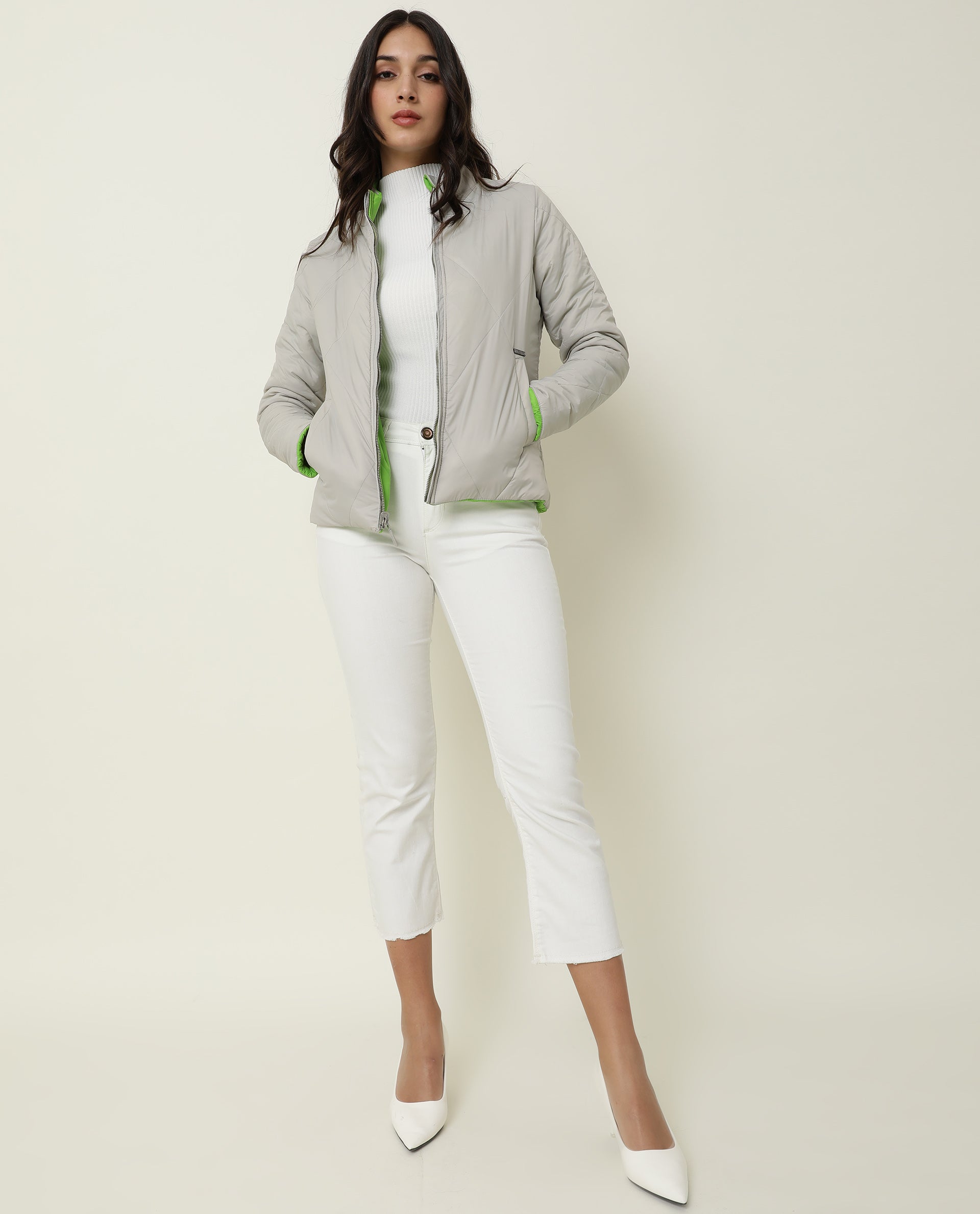 Rareism Women Cora Light Green Polyester Fabric Full Sleeves Solid High Neck Jacket