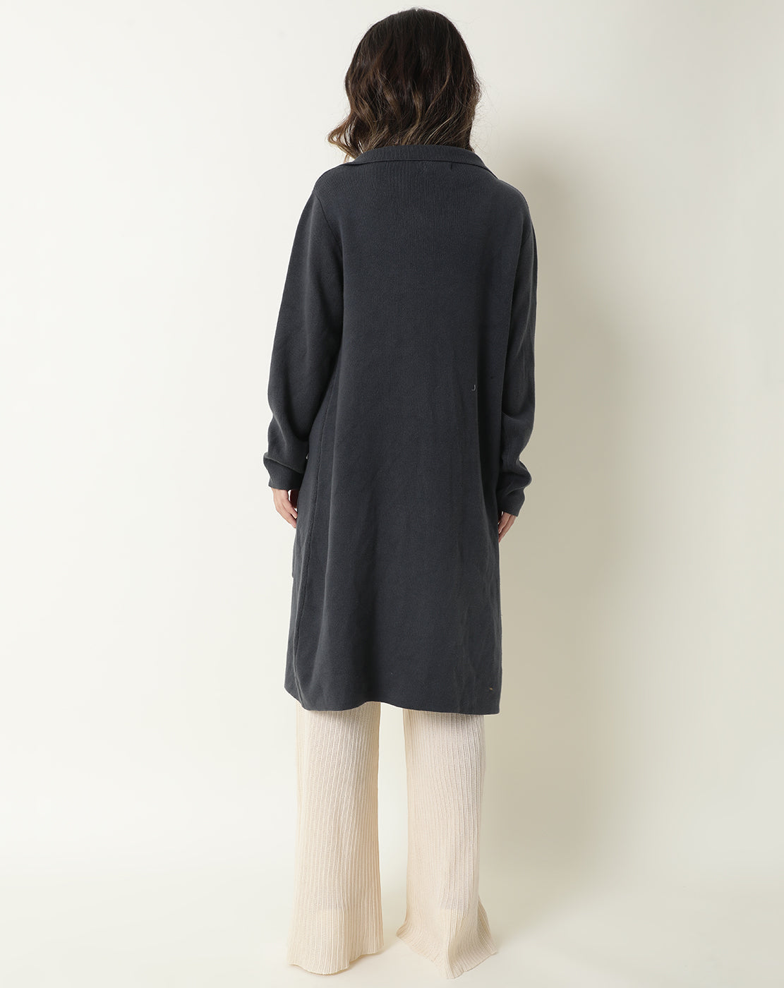 Rareism Women Trident Grey Cotton Fabric Full Sleeves Knee Length Regular Fit Solid Lapel Neck Sweater