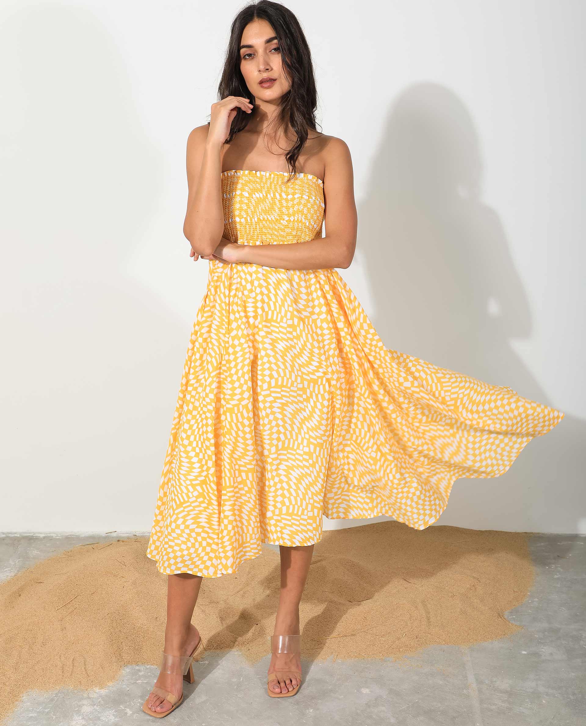 Rareism Women Daffodil Yellow Cotton Fabric Sleeveless Tube Neck Shoulder Straps Regular Fit Print Knee Length Dress