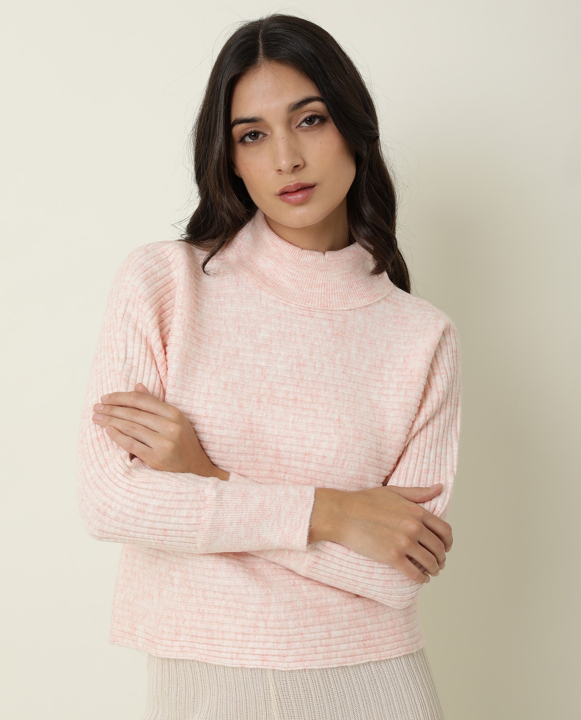 Rareism Women Levour Melange Pink Acrylic Fabric Full Sleeves Relaxed Fit Solid Turtle Neck Sweater