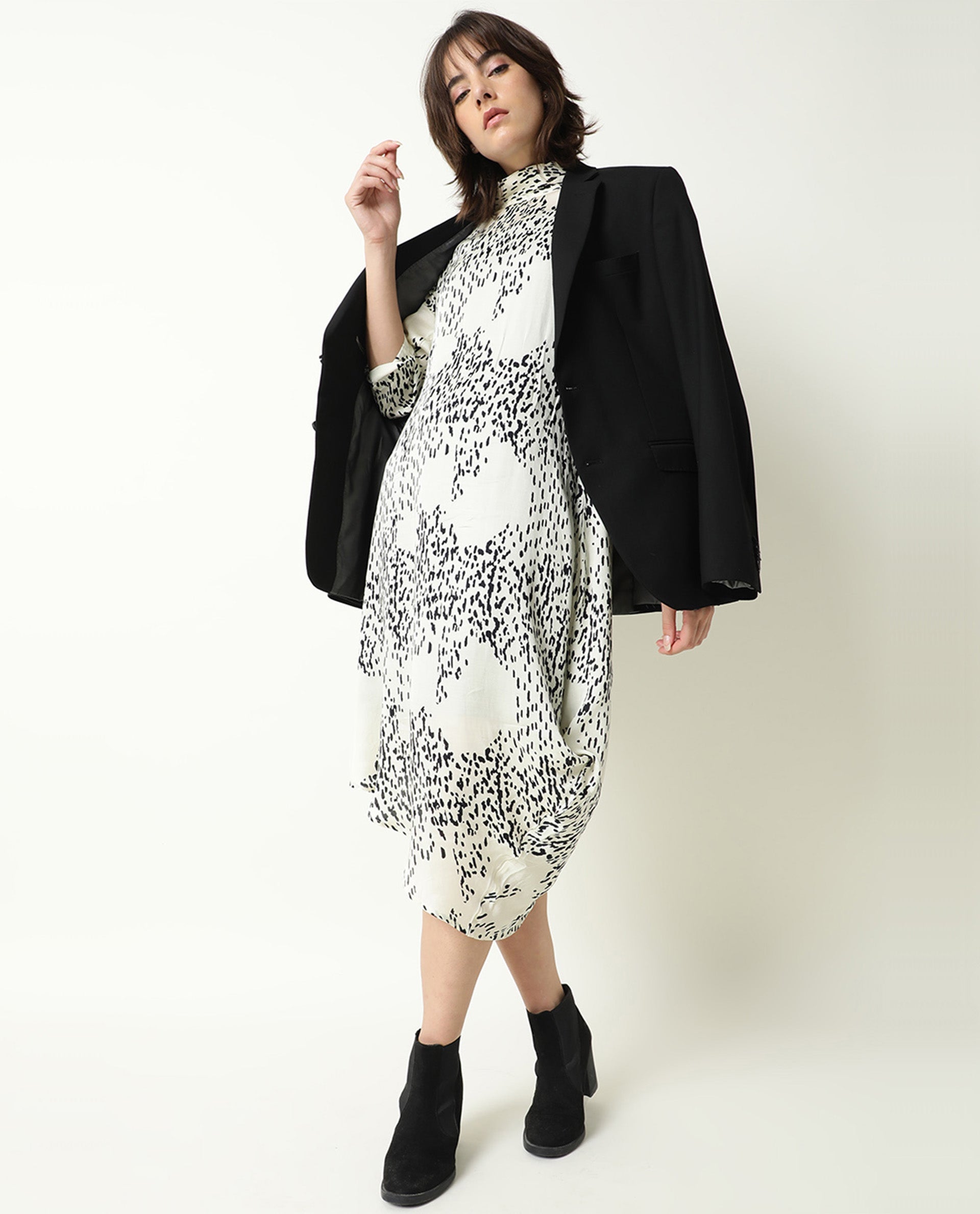 Rareism Women Zoella Off White Abstract High Neck 3/4 Sleeves With Pocket Asymmetrical Knee Length Dress