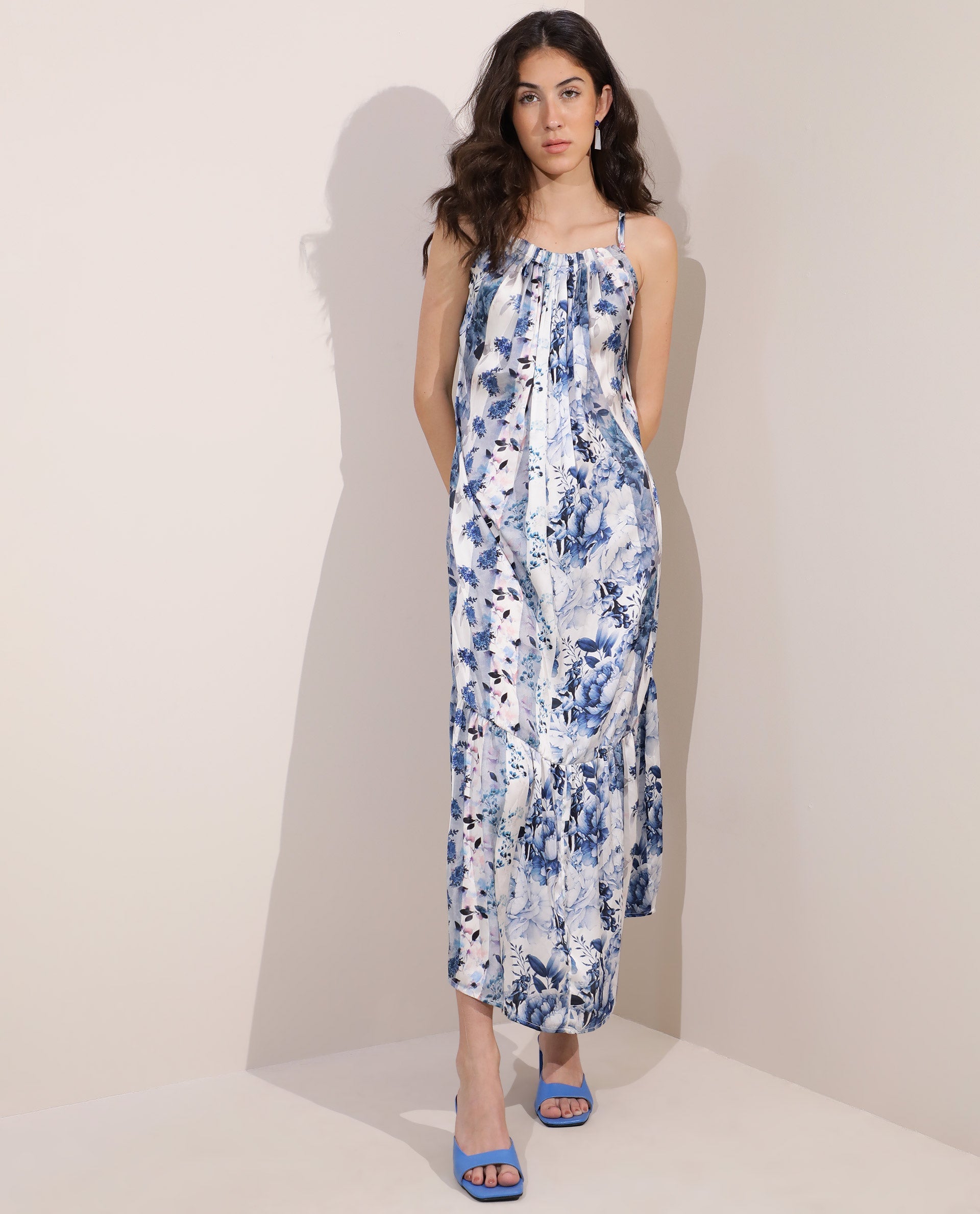 Rareism Women's Macy Light Blue Polyester Fabric Shoulder Straps Slip-On Closure Sleeveless Floral Print Maxi Dress