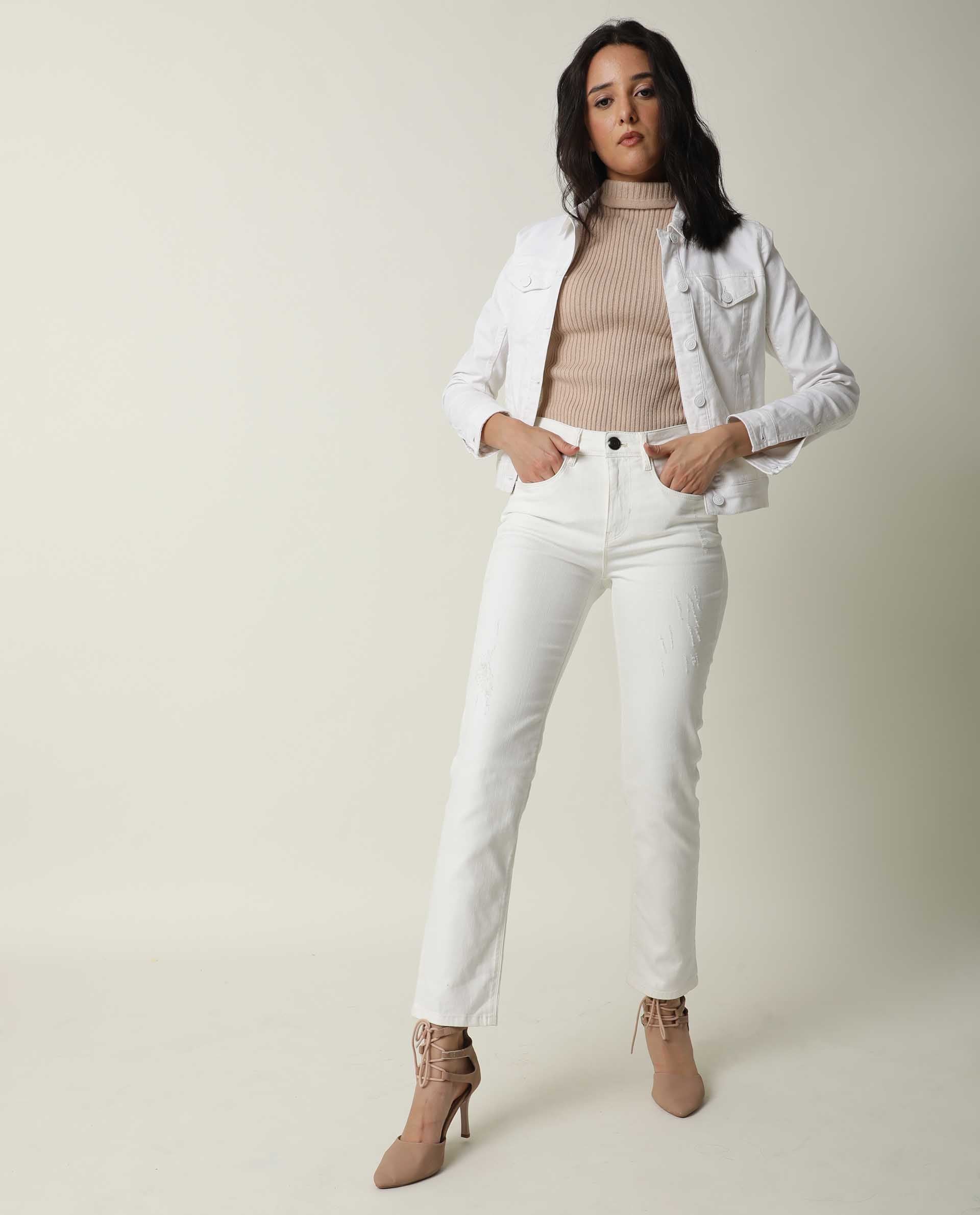 Rareism Women Misso White Cotton Lycra Fabric Full Sleeves Solid Shirt Collar Jacket