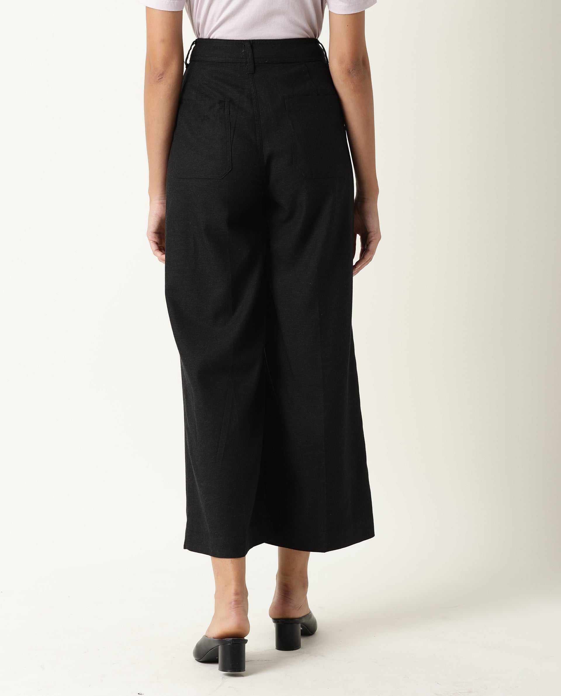 Rareism Women Micky Black Cotton Blend Fabric Tailored Fit Mid Rise Solid Ankle Length Trousers