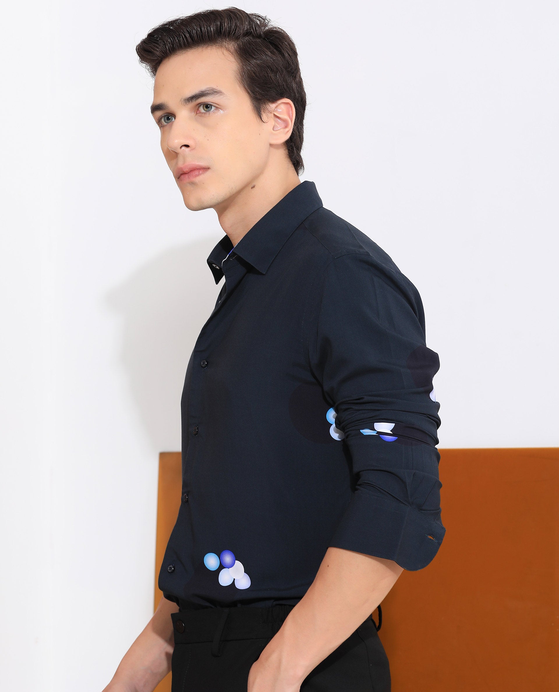 Rare Rabbit Men's Amber Dark Petrol Viscose Fabric Abstract Print Full Sleeves Shirt