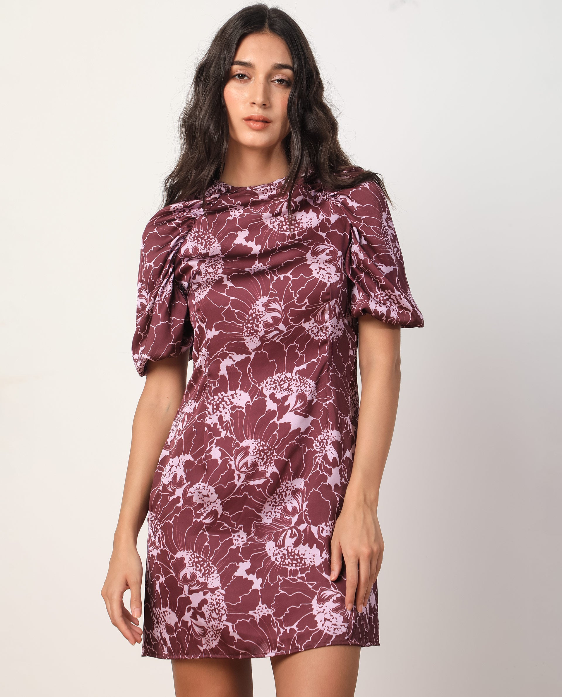 Rareism Women Christie Dark Maroon Polyester Fabric Short Sleeves Zip Closure Round Neck Puff Sleeve Slim Fit Floral Print Short Asymmetric Dress