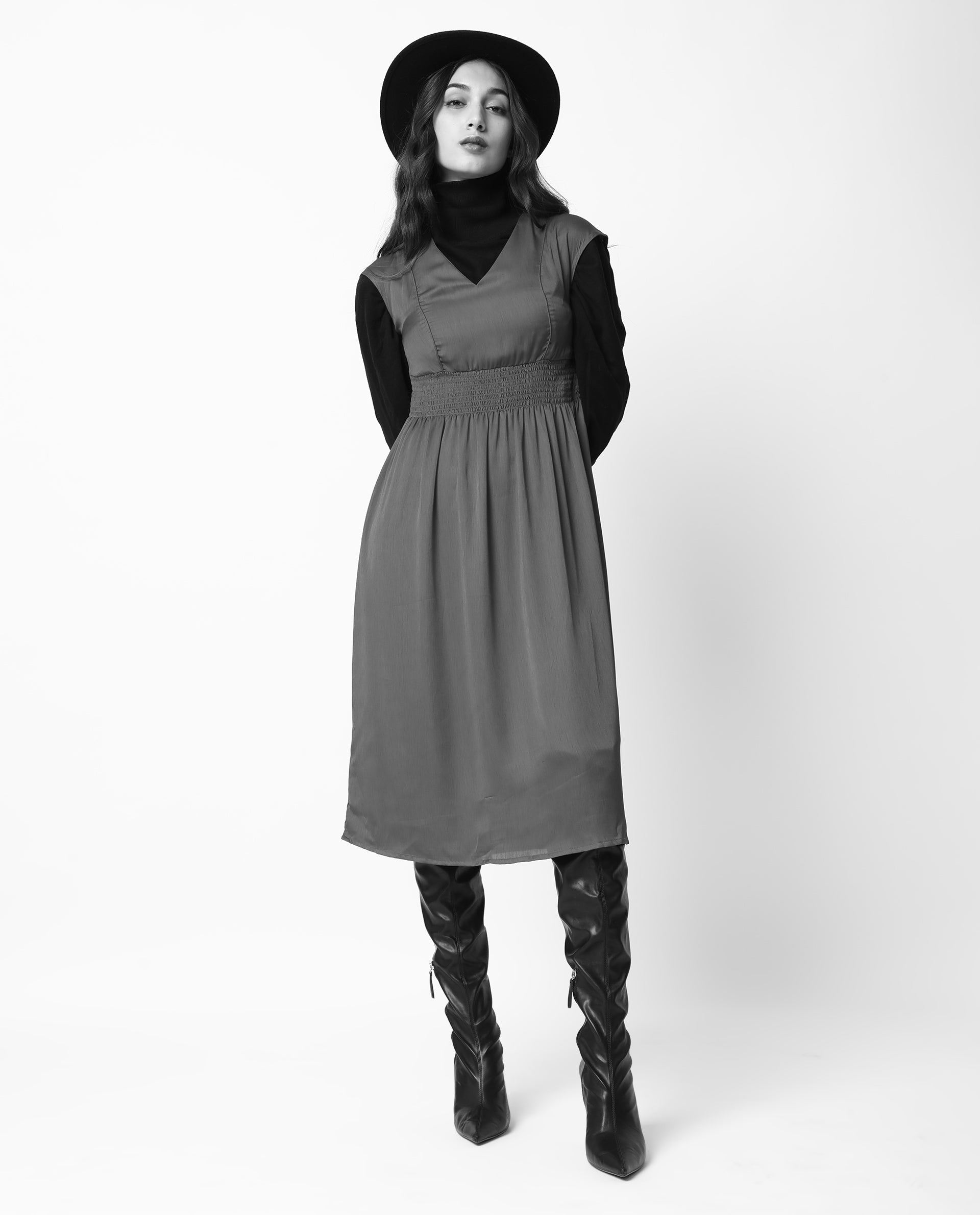 Rareism Women Milux Red V Neck Calf Sleeves Smocking Waist Knee Length Dress