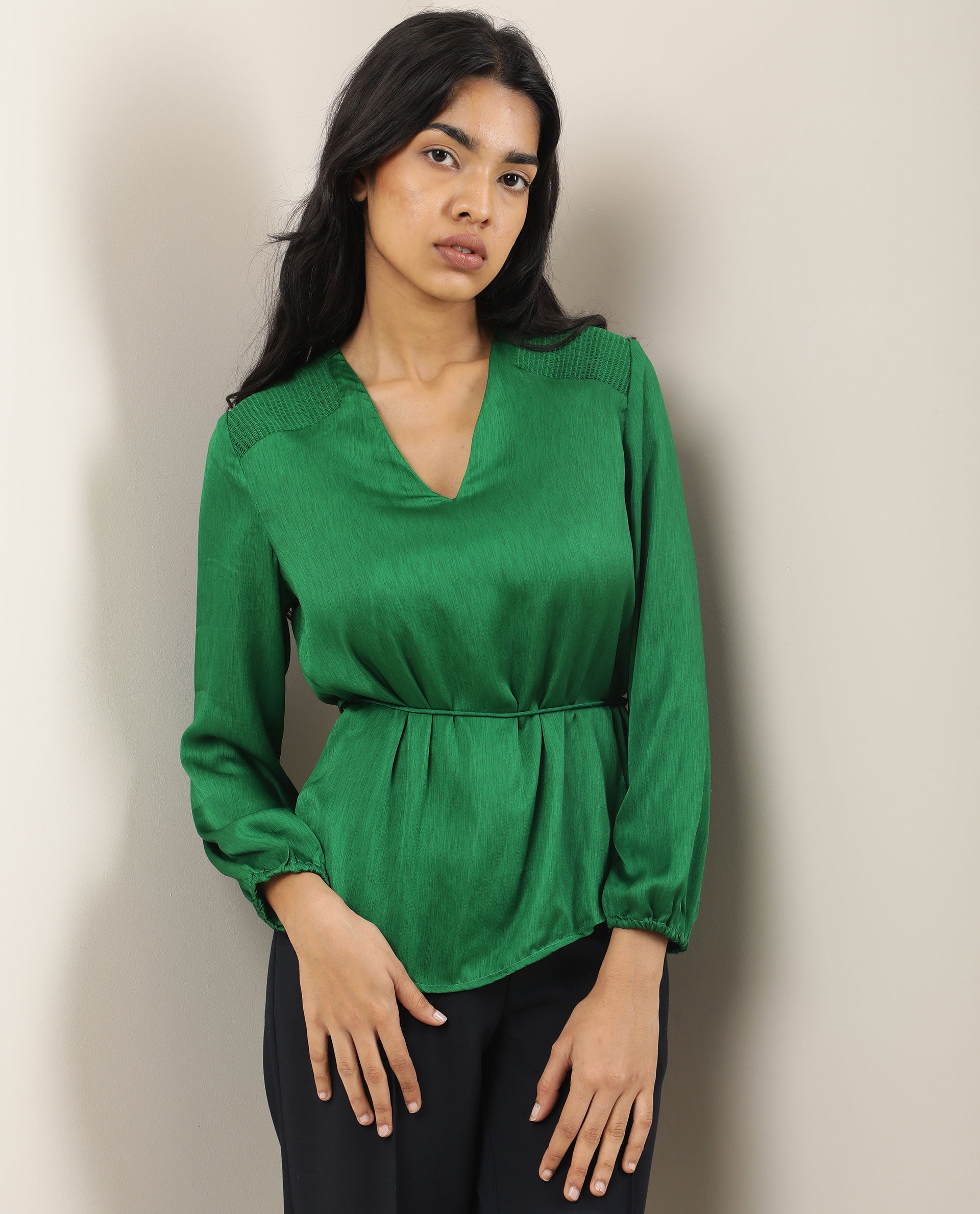 Rareism Womens Dronite Green Top Polyester Fabric Full Sleeve V Neck