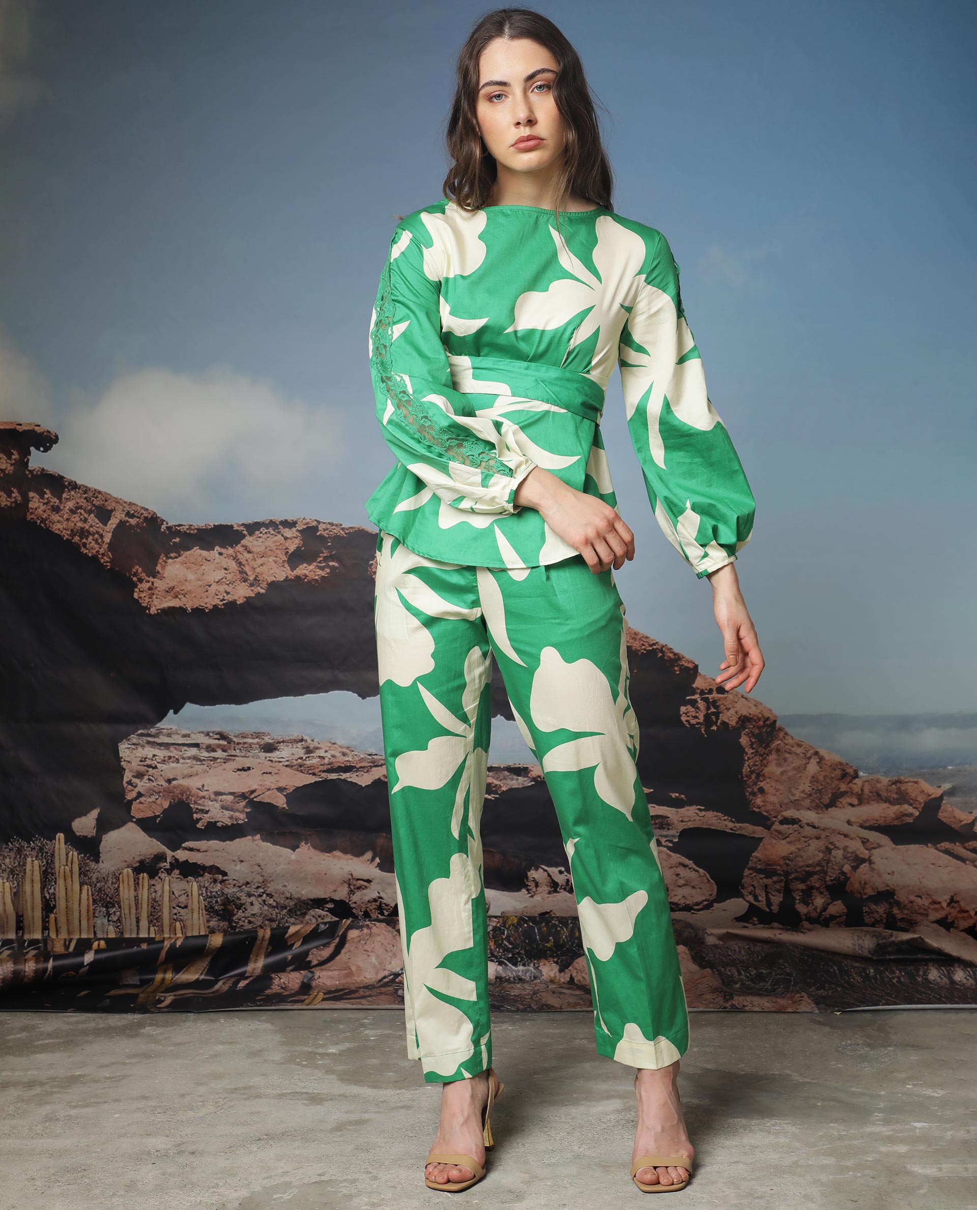 Rareism Women Sloane Green Top Cotton Fabric Full Sleeves Print