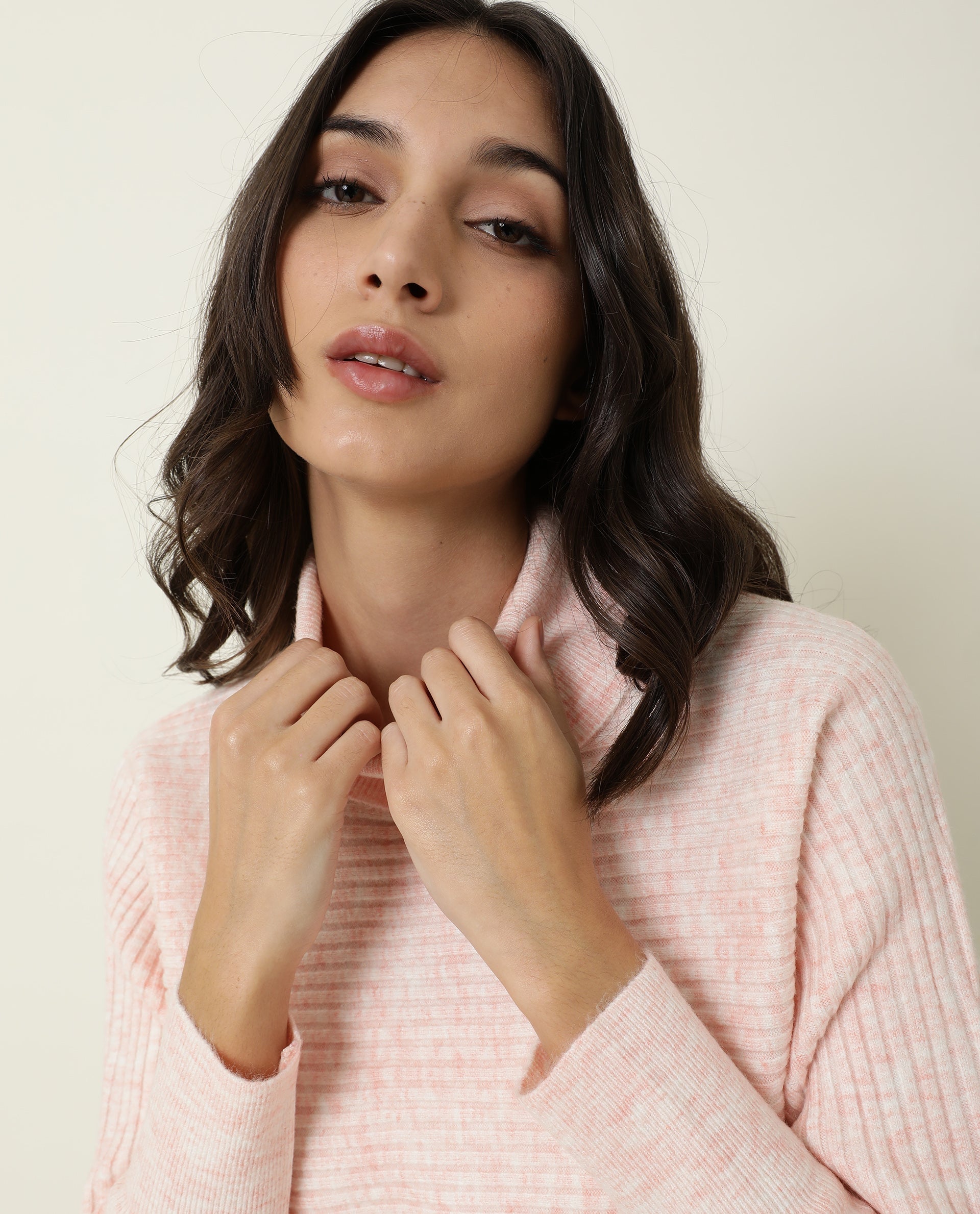 Rareism Women Levour Melange Pink Acrylic Fabric Full Sleeves Relaxed Fit Solid Turtle Neck Sweater