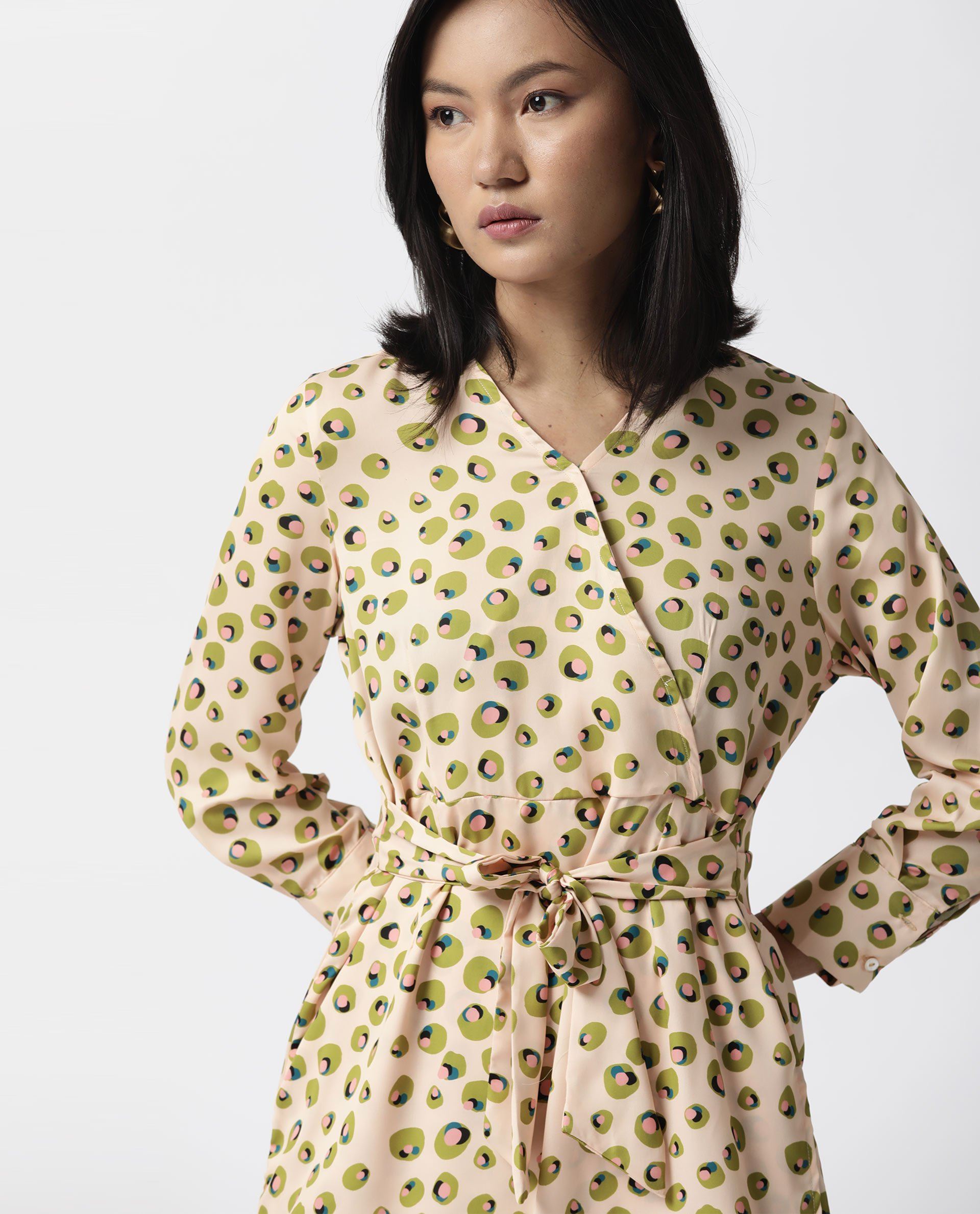 Rareism Women Perk Peach Printed V Wrap Neck Full Sleeves With Cuff And Fabric Waist Belt Mini Dress